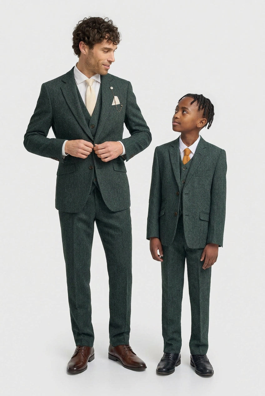 Father & Son Matching Wool Herringbone 3-Piece Suit Set - Thomas - Lush Green