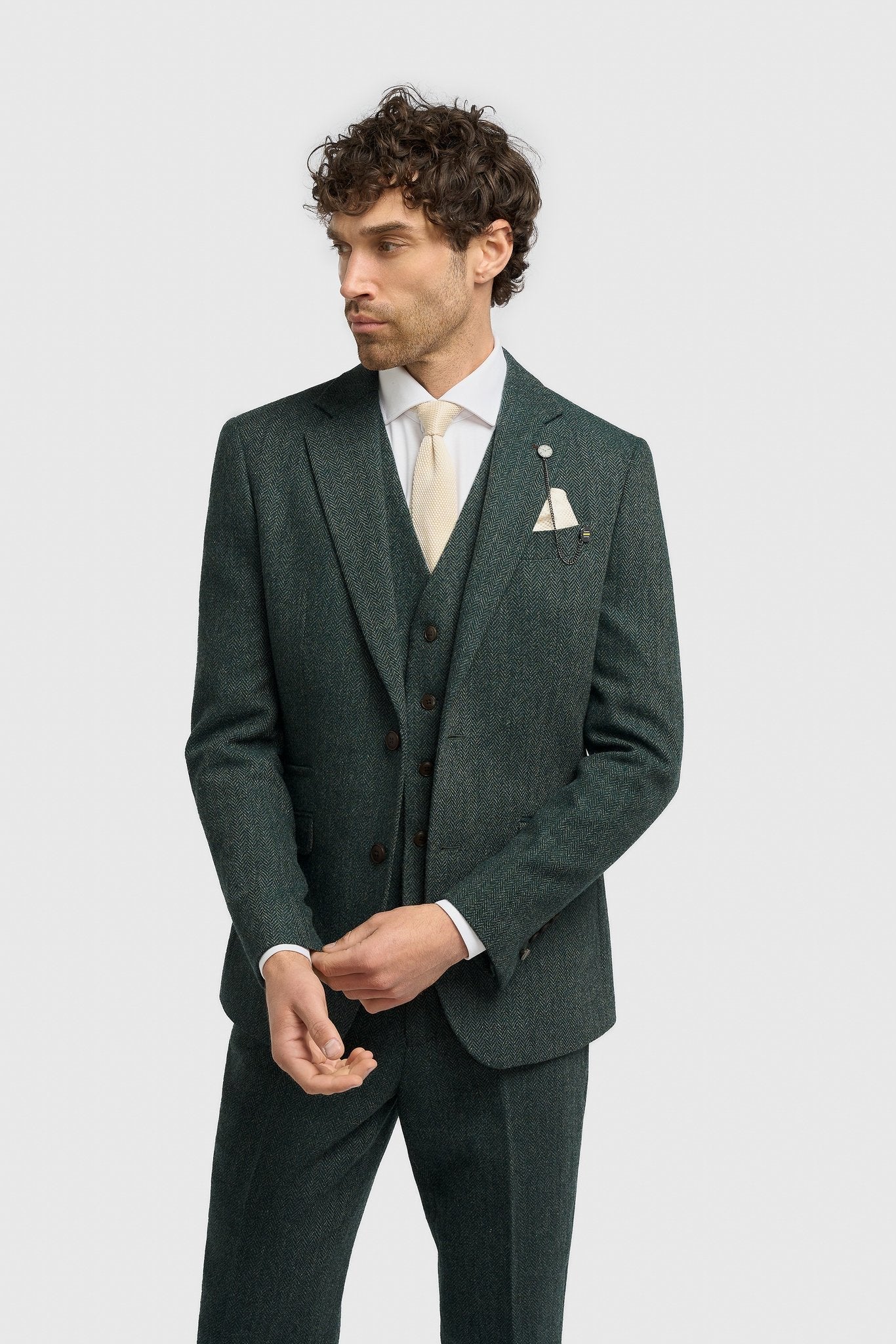 Father & Son Matching Wool Herringbone 3-Piece Suit Set - Thomas - Lush Green