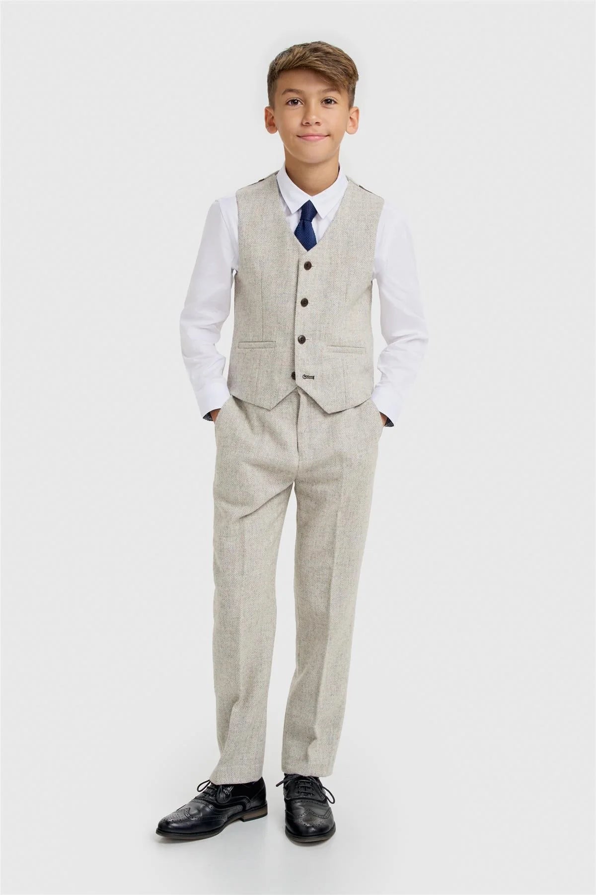 Conjunto de Traje de 3 Piezas de Lana con Espiga a Juego para Padre e Hijo - Thomas - Gris Perla