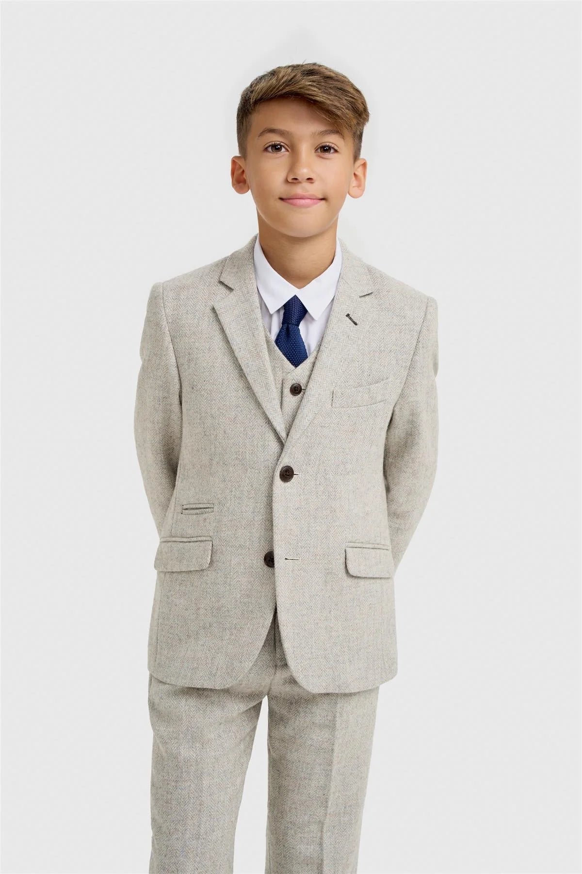 Conjunto de Traje de 3 Piezas de Lana con Espiga a Juego para Padre e Hijo - Thomas - Gris Perla
