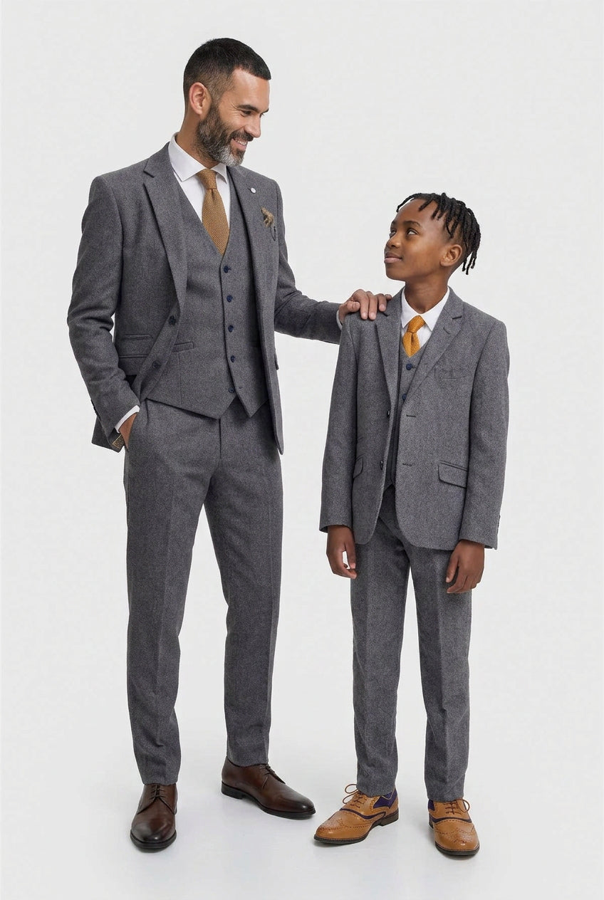 Father & Son Matching Wool Herringbone 3-Piece Suit Set - Thomas - Savoy Grey