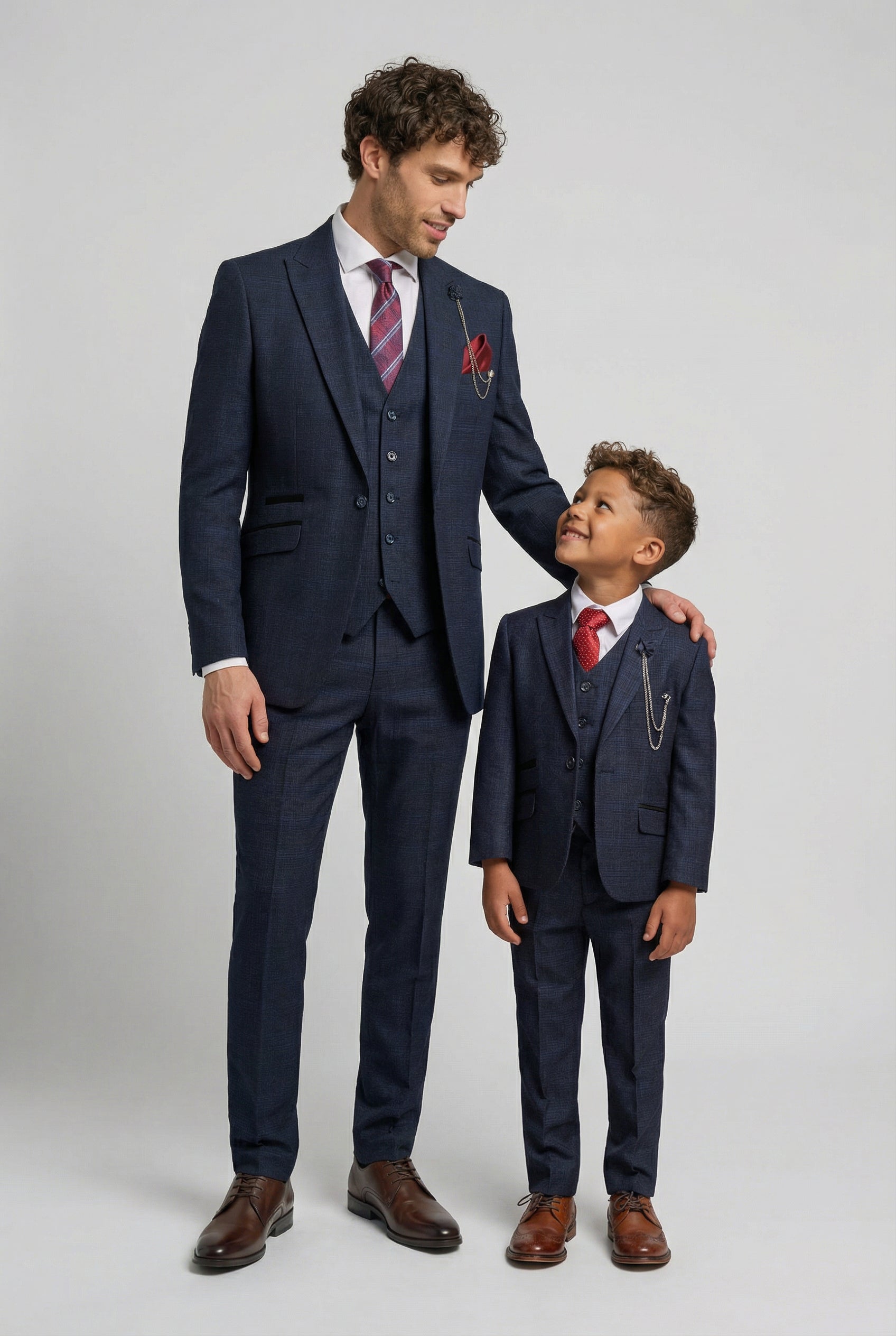 Father & Son Matching Glen Check Wool Tweed 3-Piece Suit Set - Caridi Navy