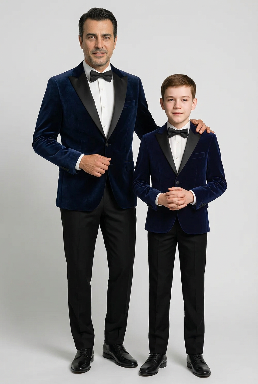 Vater & Sohn Passende Samt Dinnerjacke - Navy Blau