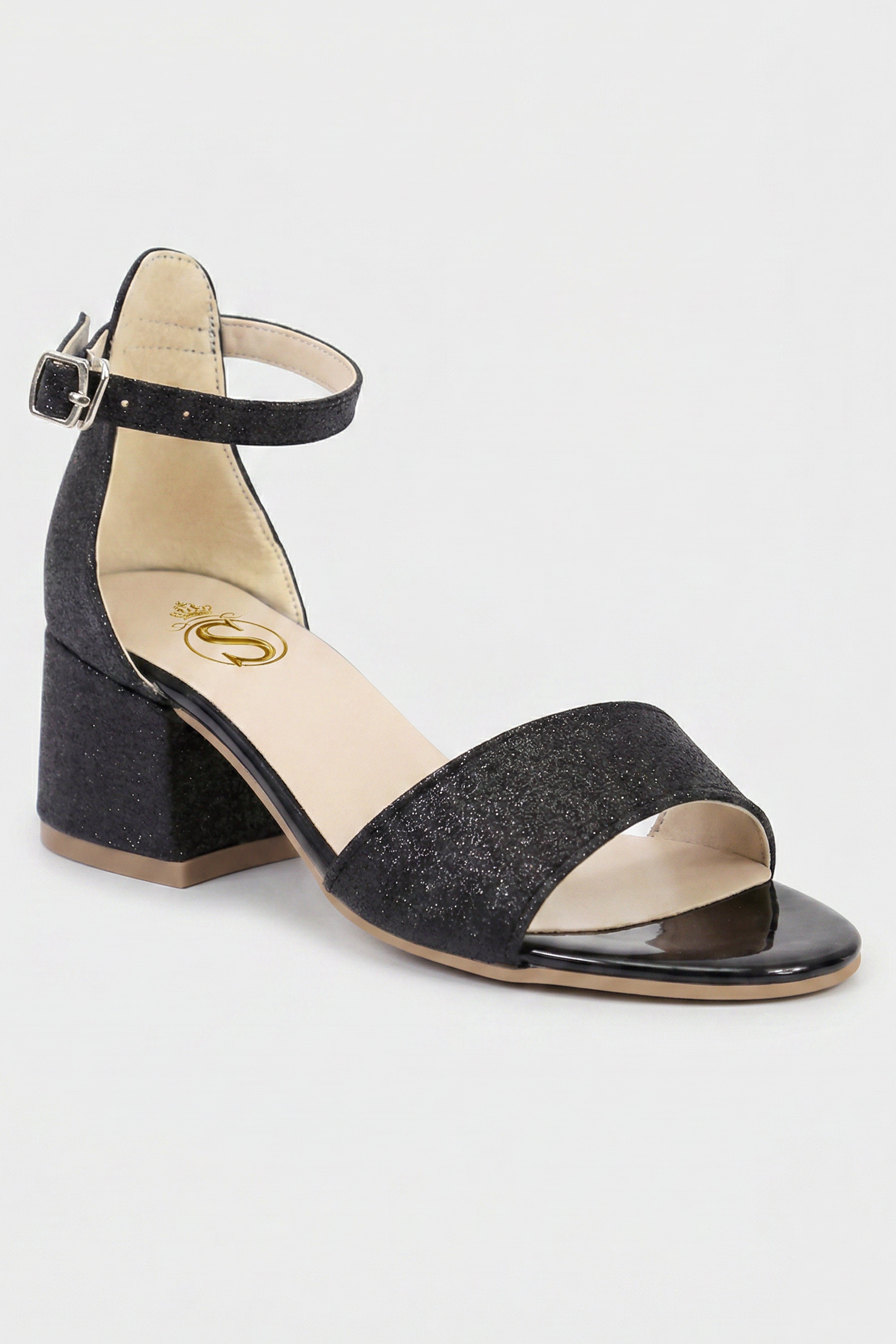 Girls Ankle-Strap Block Heel Sandals - SPARKLE - Black