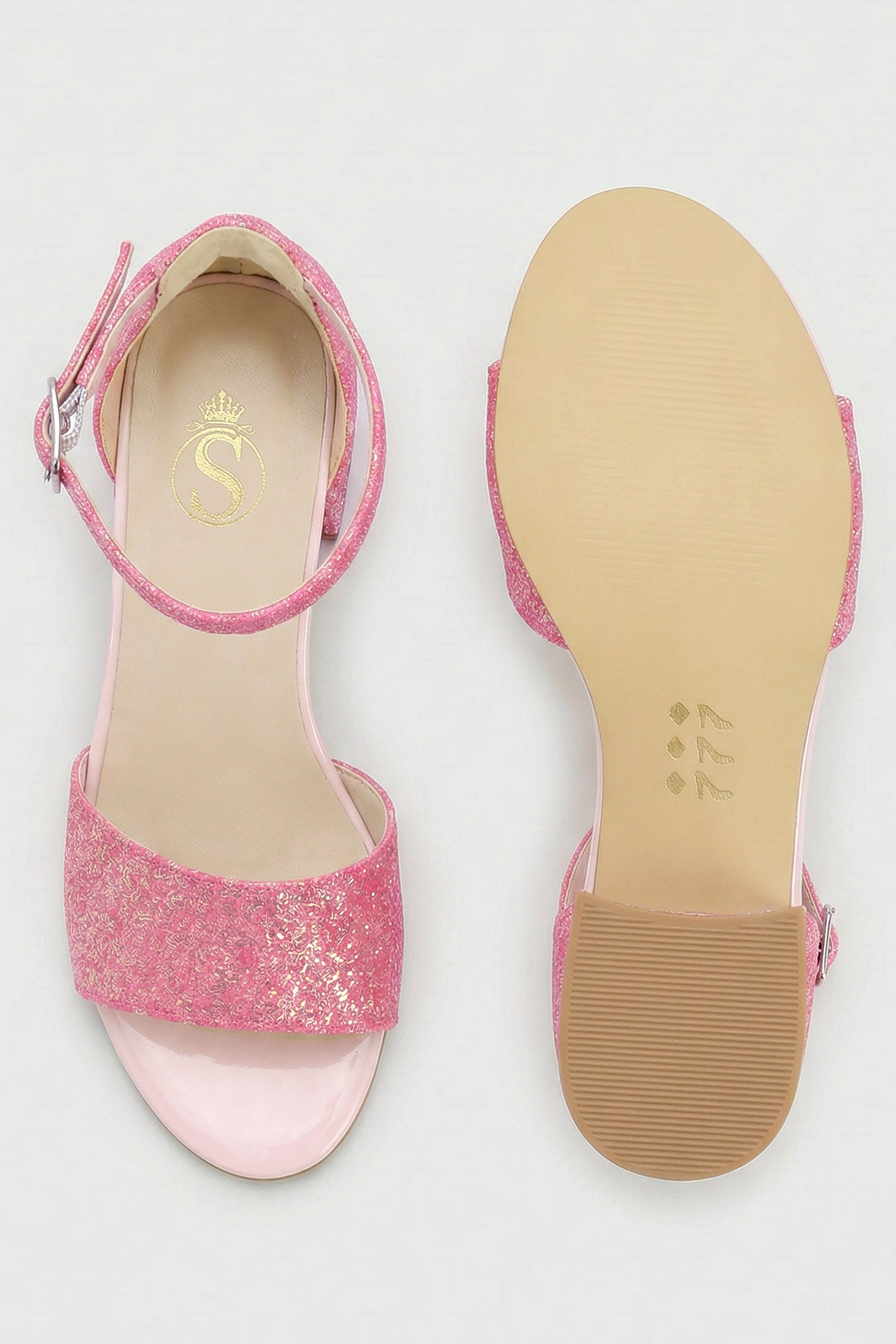 Girls Ankle-Strap Block Heel Sandals - SPARKLE - Cherry Pink