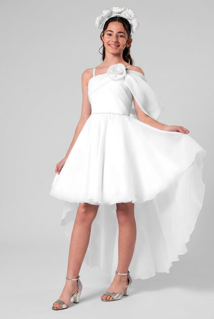 Girls Asymmetric Organza Dress with Flower Corsage - White