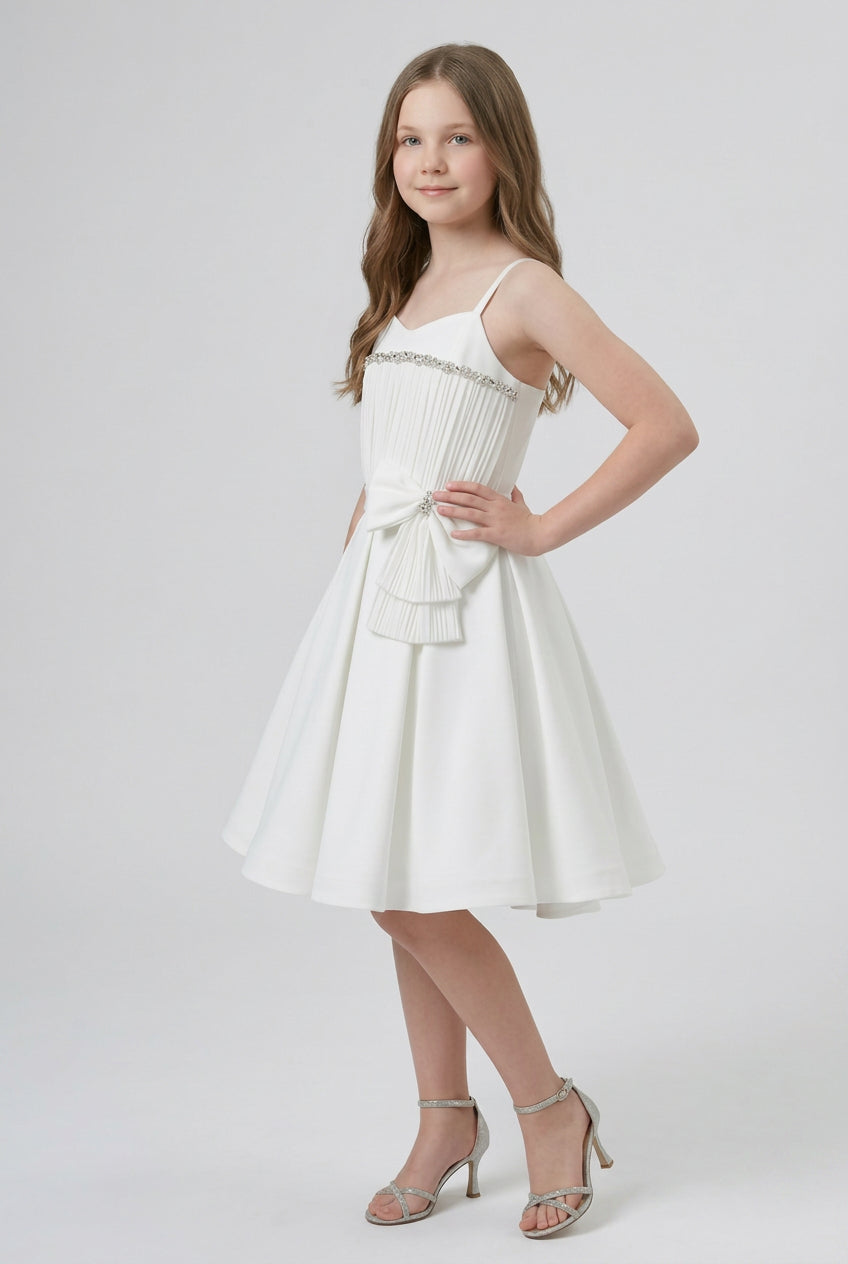 Girls Balloon Hem Party Dress with Crystal Trim - White Side Picture