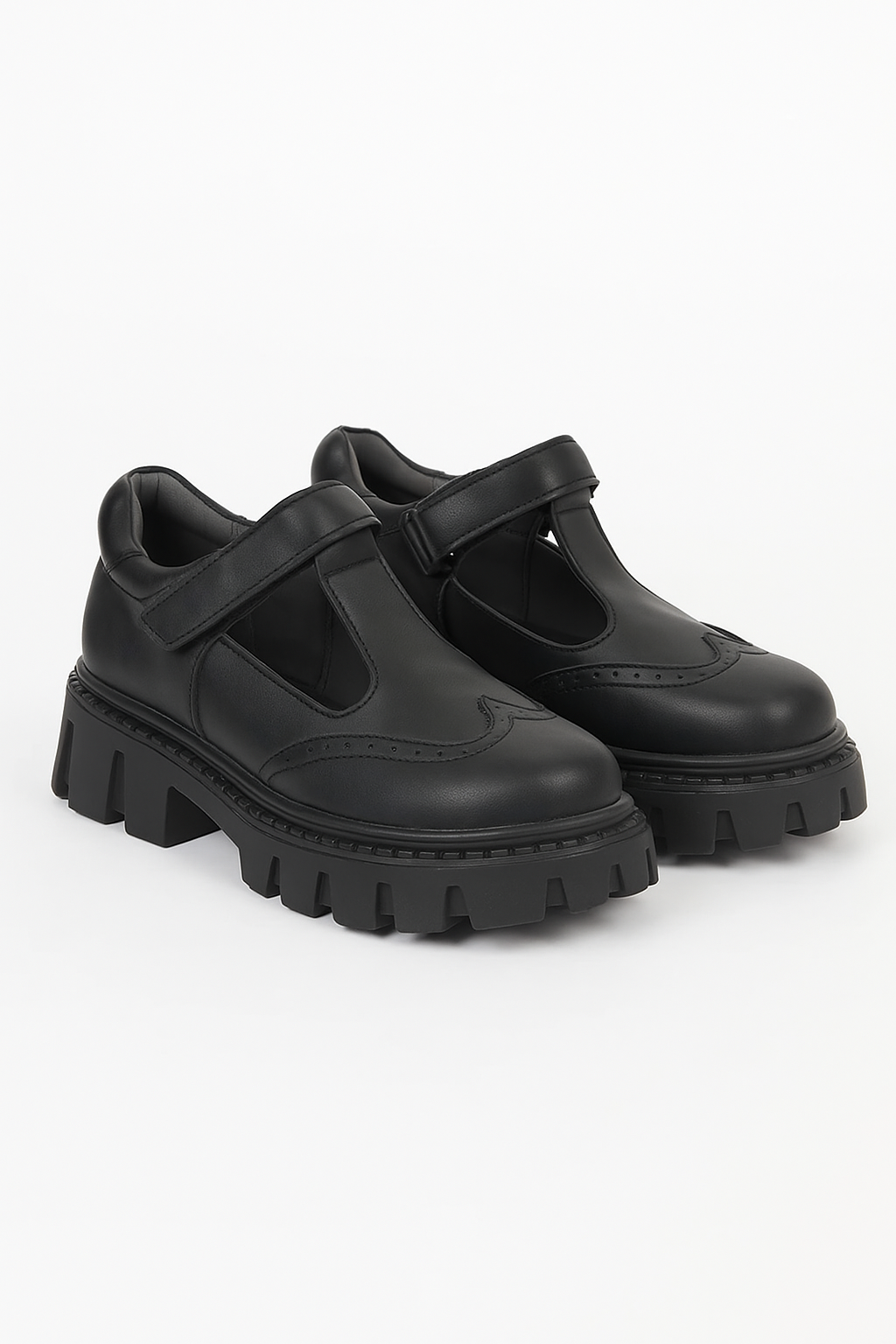 Girls Black Brogue Mary Jane Platform School Shoes - Mat Black Pair Side Picture