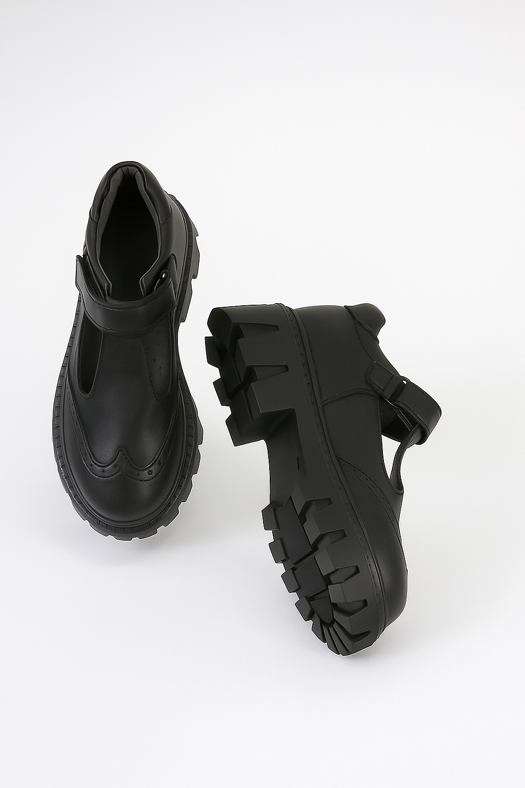 Girls Black Brogue Mary Jane Platform School Shoes - Mat Black Sole picture
