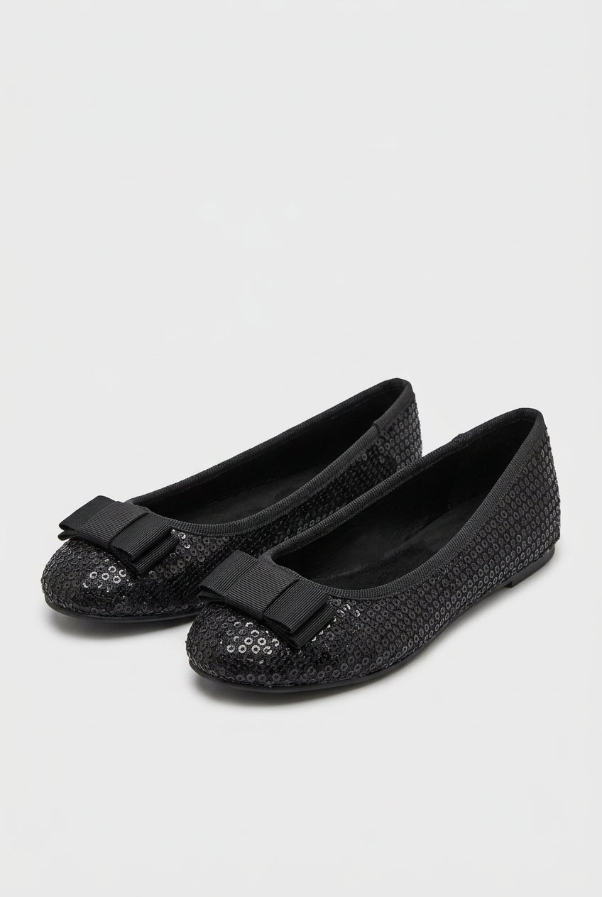 Girls Black Sequin Ballet Flat Shoes Pair Side Picture