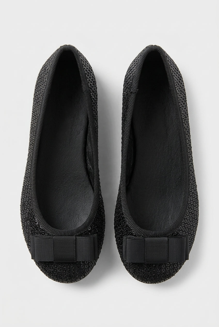 Girls Black Sequin Ballet Flat Shoes Front Picture