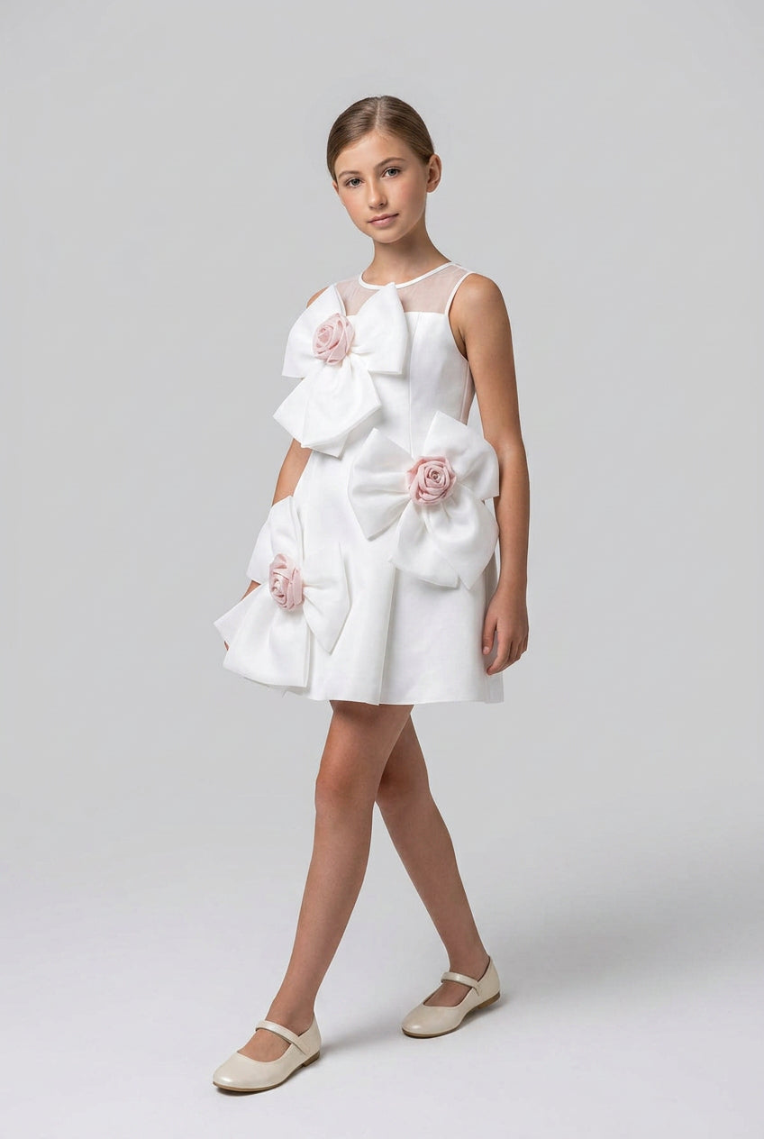 Girls Bow Detail Party Dress with Rose Detailing - Ivory Modle Picture