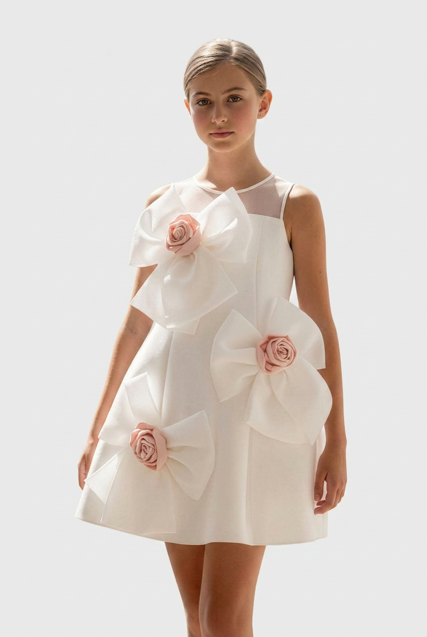 Girls Bow Detail Party Dress with Rose Detailing - Ivory
