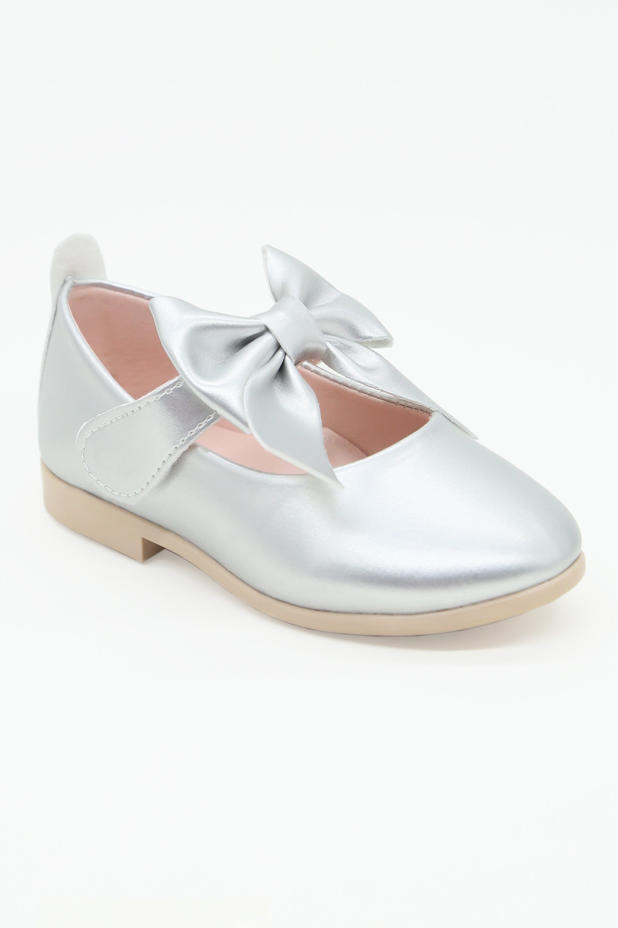 Girls Bow Velcro Flat Mary Jane Shoes - Silver Side Picture