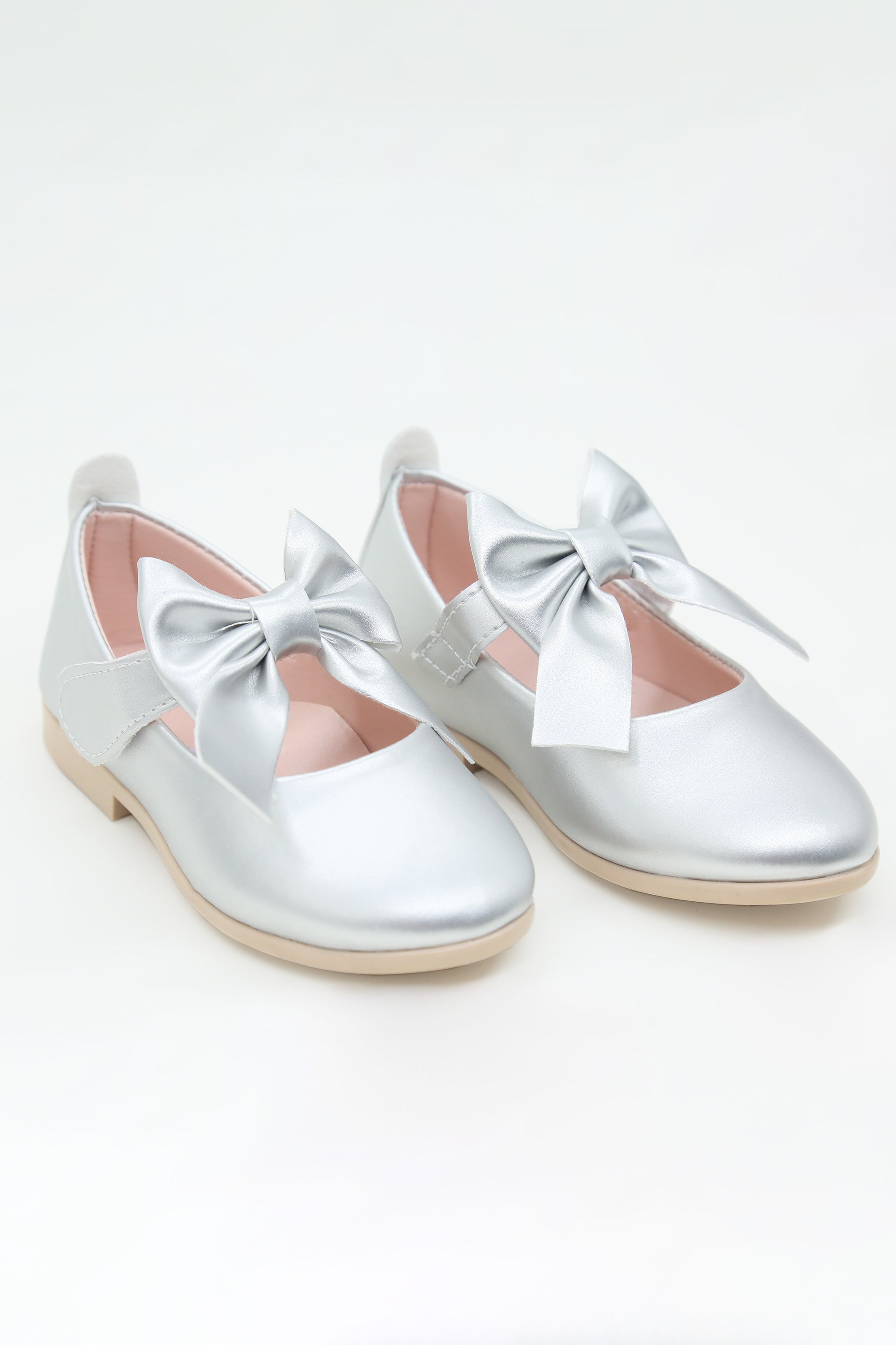 Girls Bow Velcro Flat Mary Jane Shoes - Silver Pair Side Picture