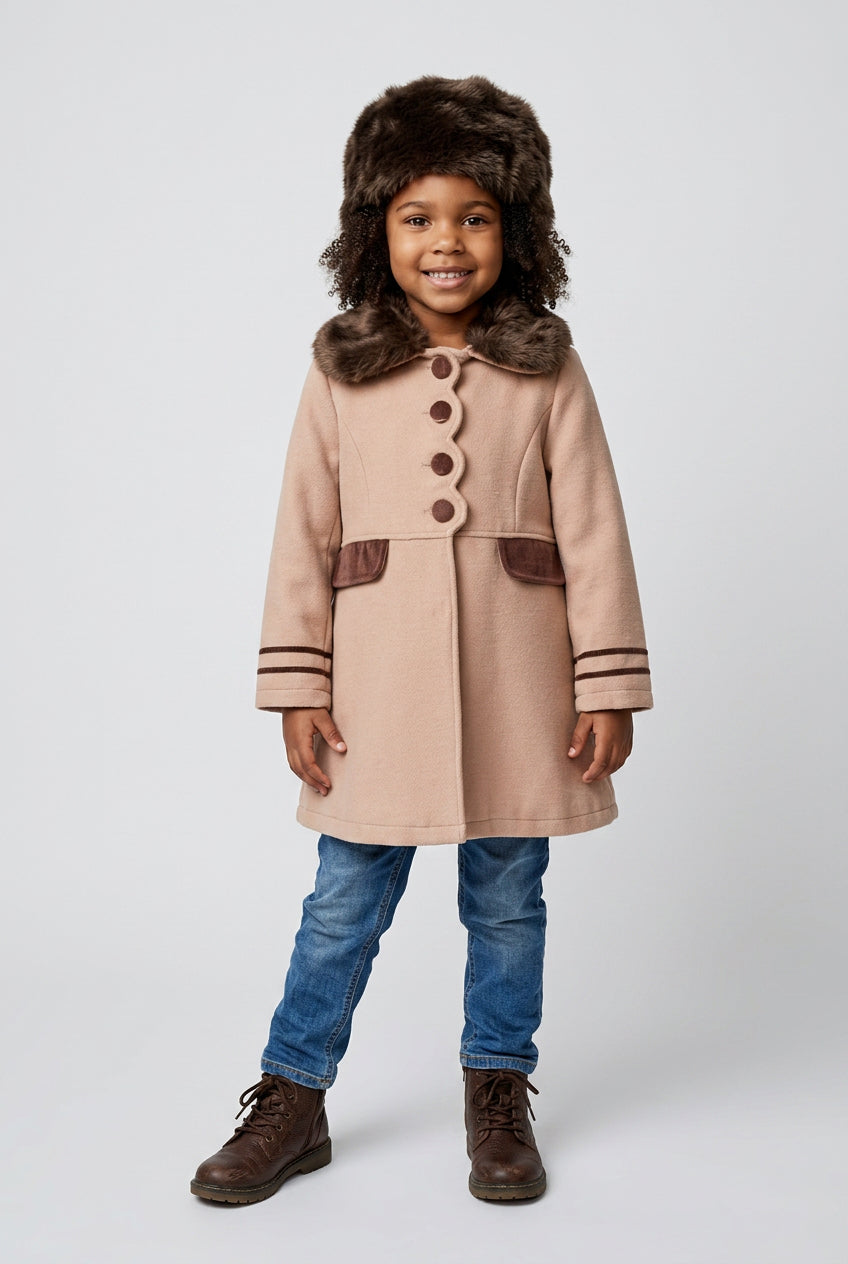 Manteau camel pour filles avec col en fausse fourrure et chapeau assorti