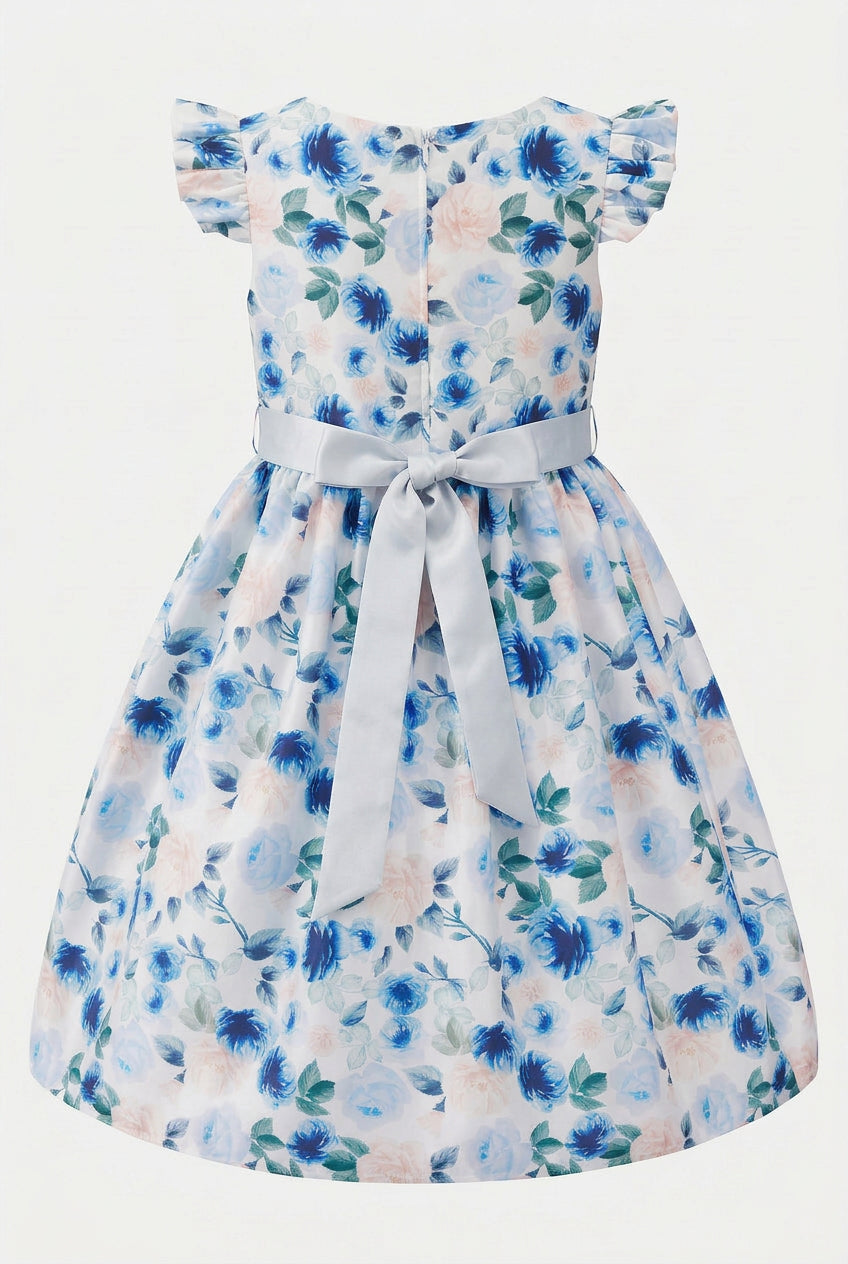 Girls Cotton Blend Blue Floral Occasion Dress Back Picture