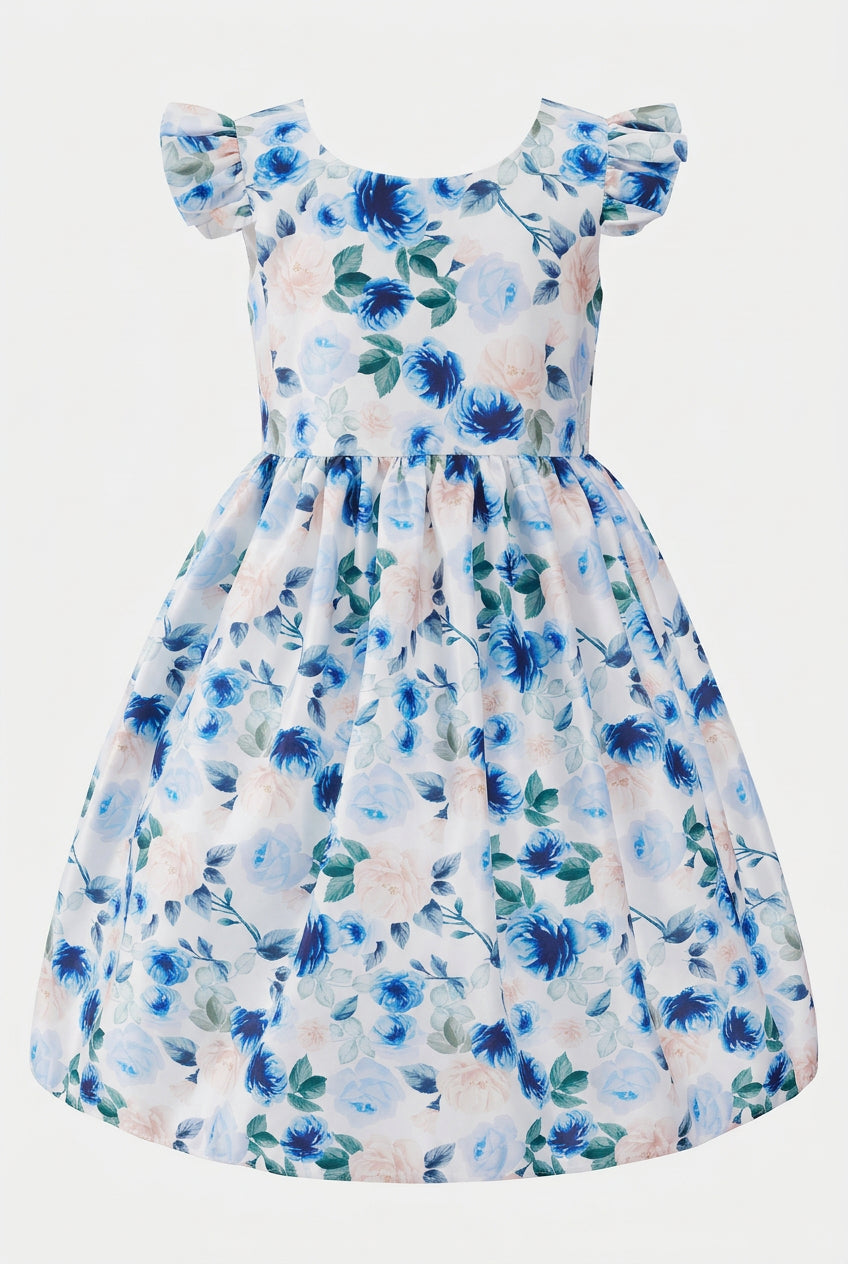Girls Cotton Blend Blue Floral Occasion Dress Picture