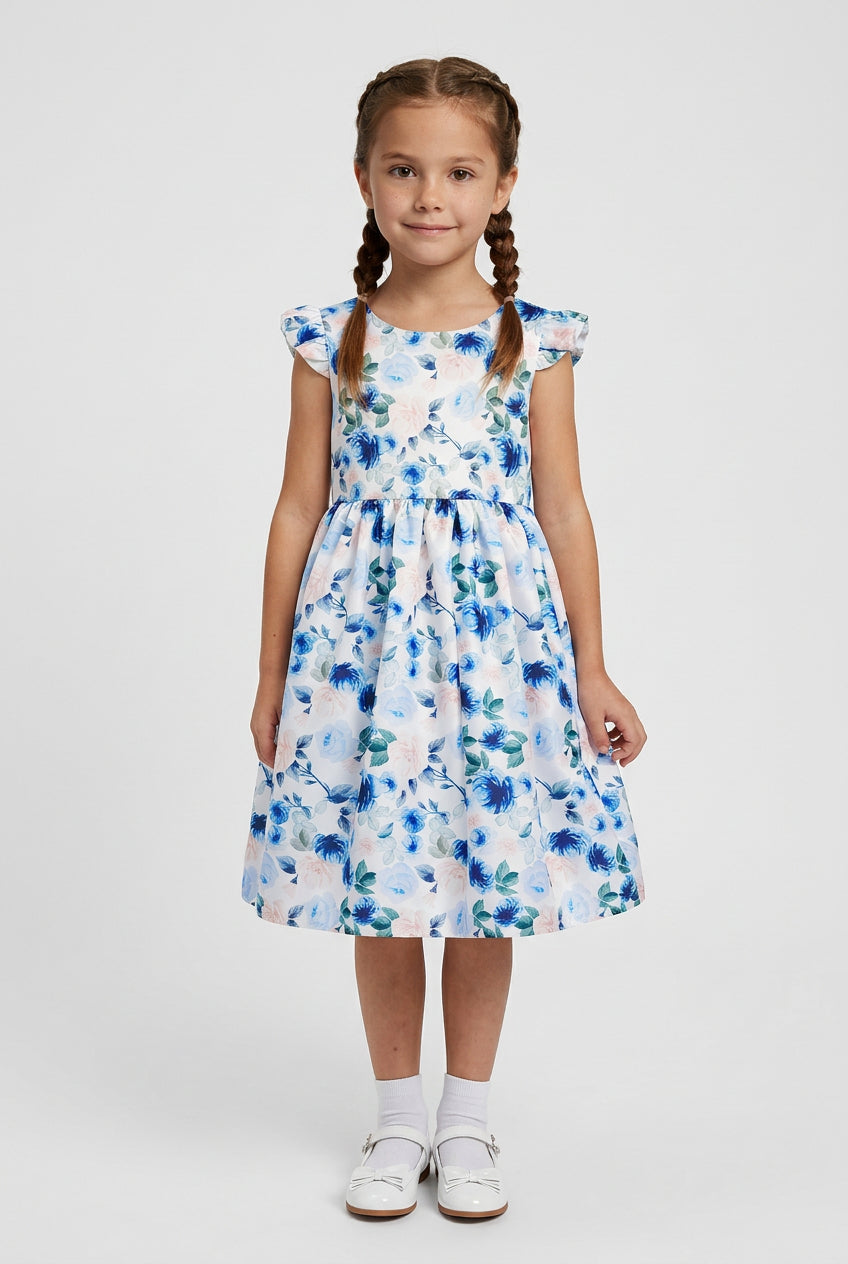 Girls Cotton Blend Blue Floral Occasion Dress Model Picture