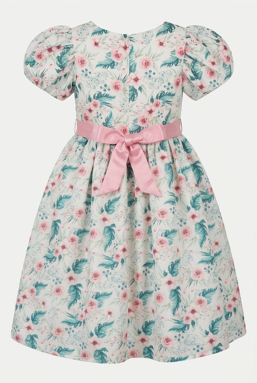 Girls Cotton Blend Green Floral Occasion Dress