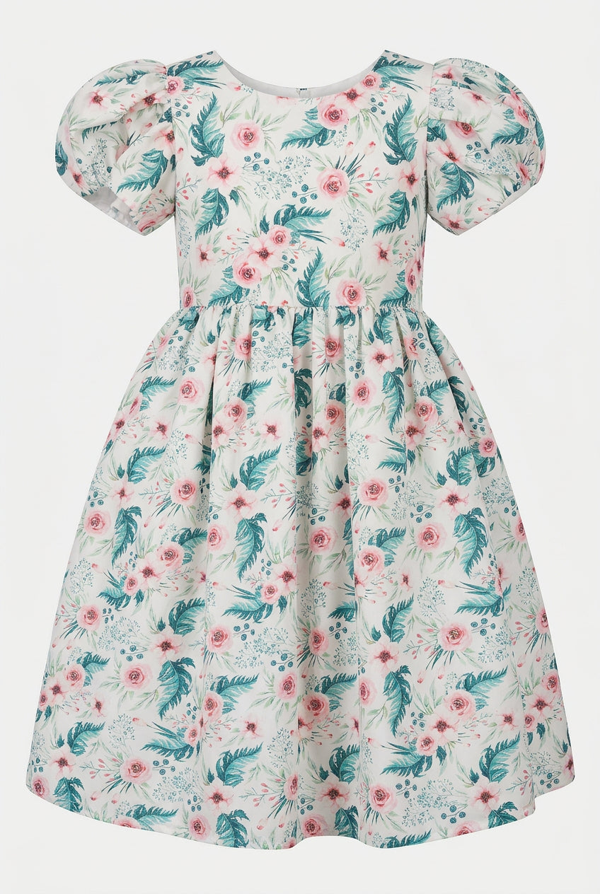 Girls Cotton Blend Green Floral Occasion Dress Picture