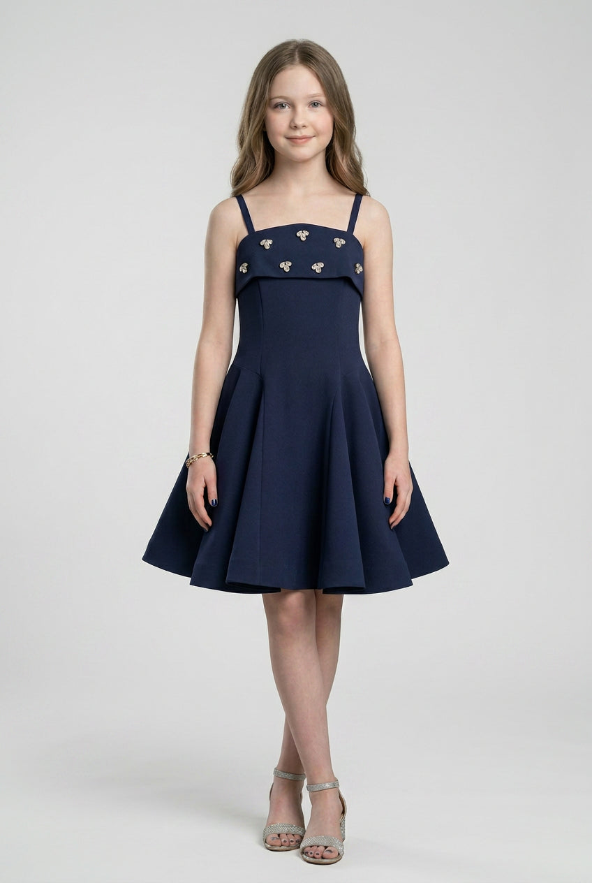 Girls Embellished Strap Party Dress with Pleated Skirt - Navy Model Front Picture