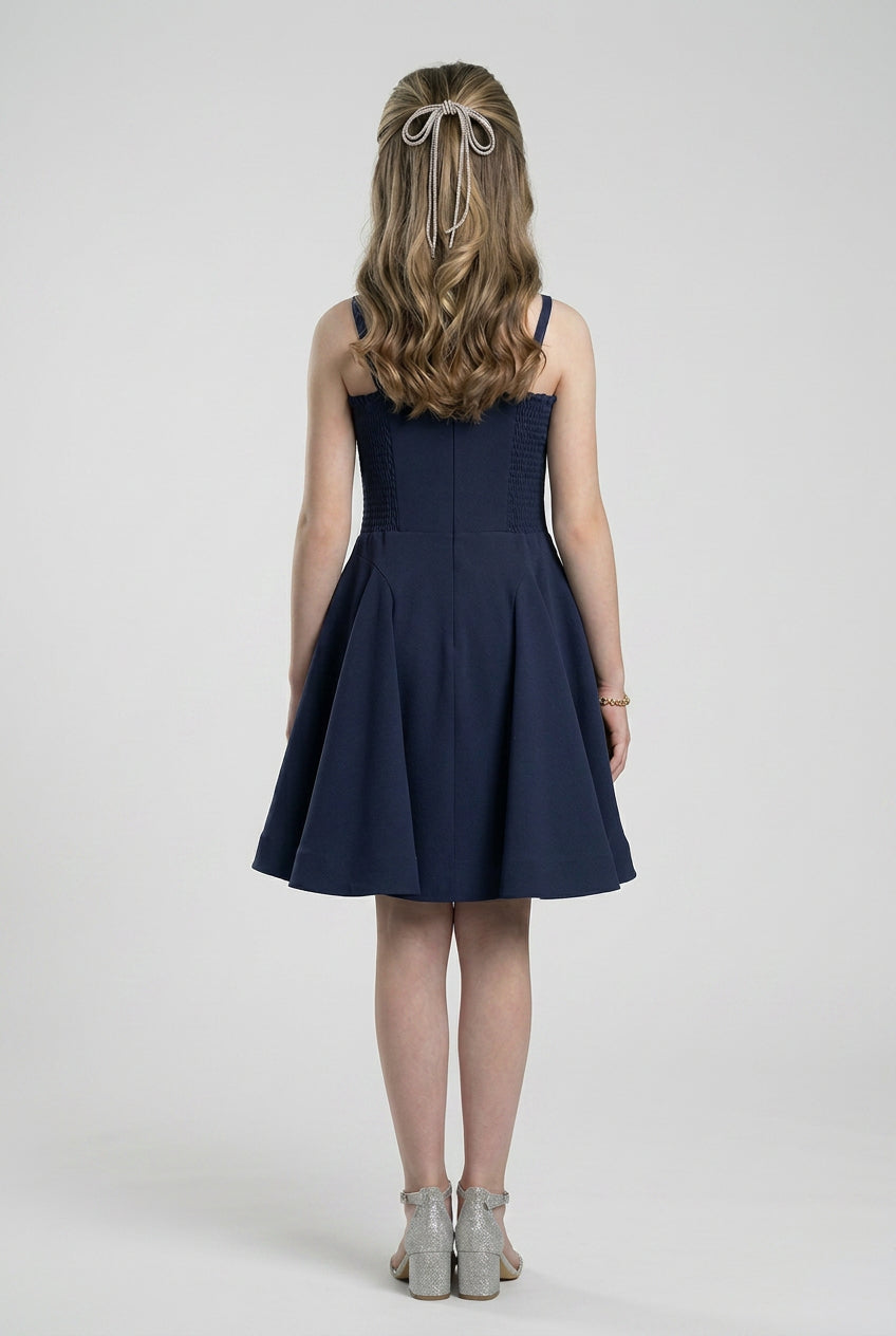 Girls Embellished Strap Party Dress with Pleated Skirt - Navy Model Back Picture