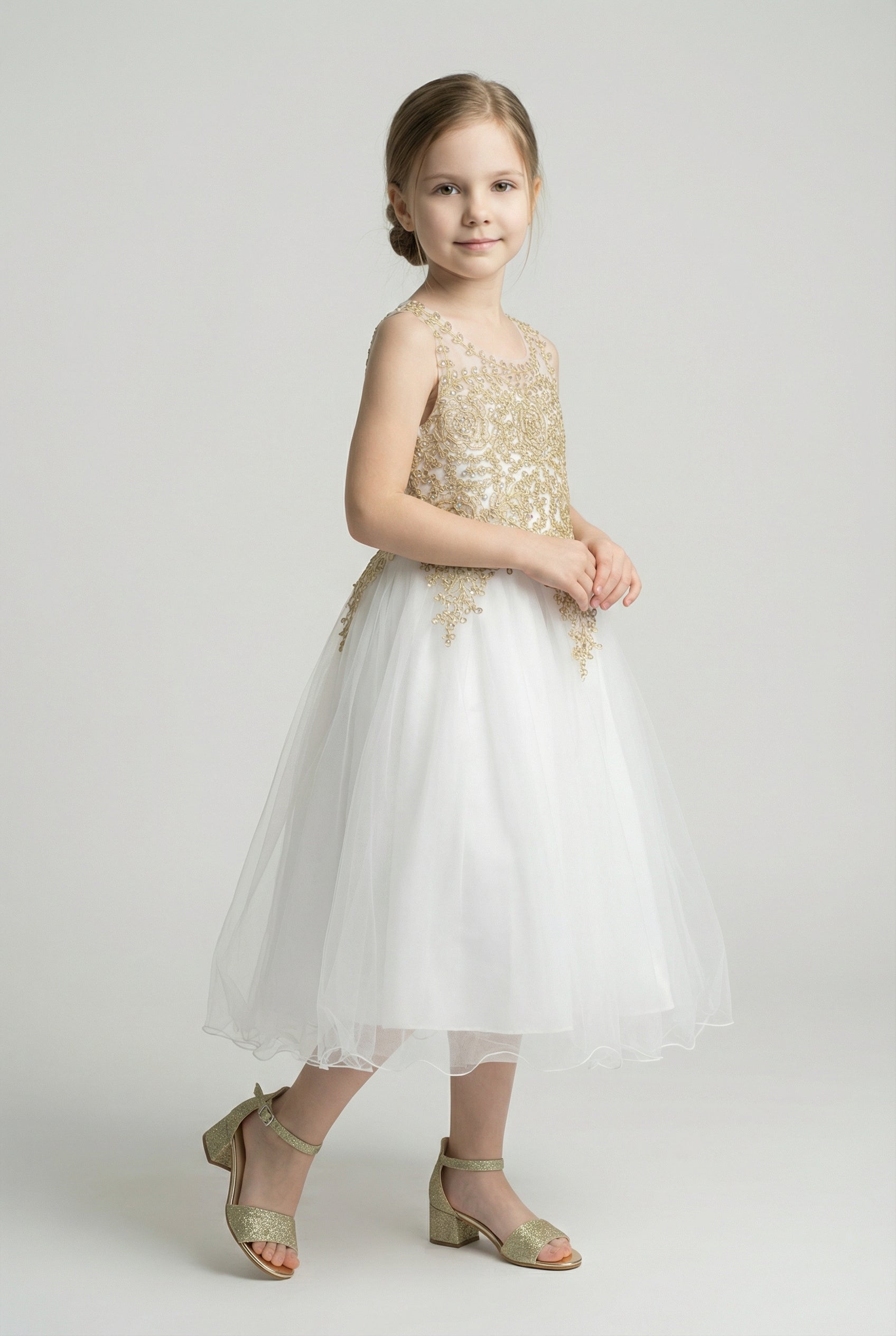 Girls Embroidered Tulle Dress with Illusion Neck - Linzi - Ivory & Gold Side Picture