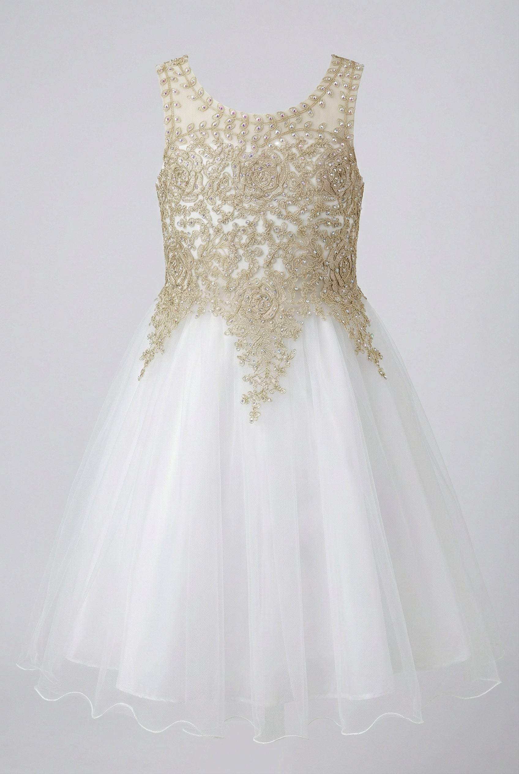 Girls Embroidered Tulle Dress with Illusion Neck - Linzi - Ivory & Gold