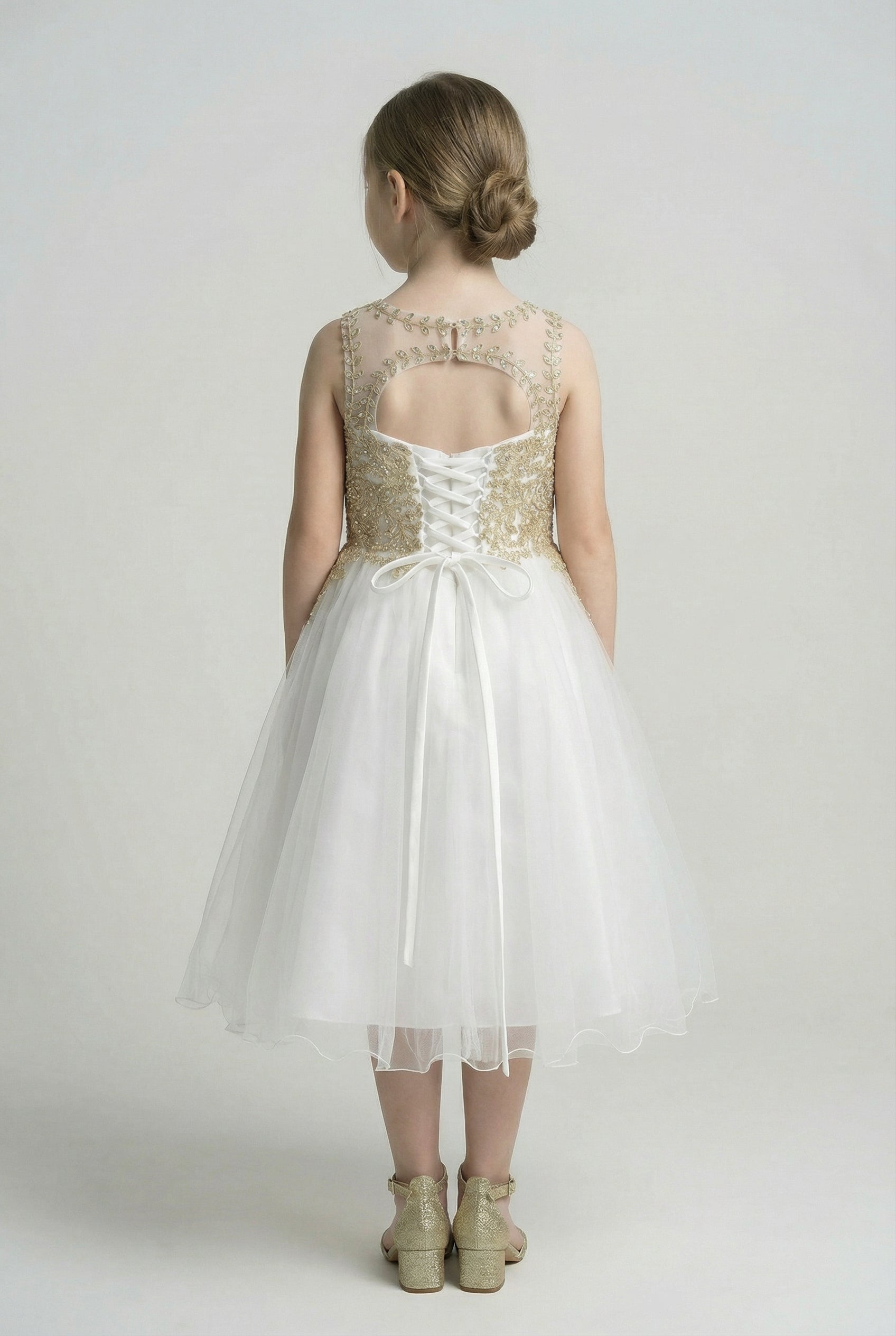 Girls Embroidered Tulle Dress with Illusion Neck - Linzi - Ivory & Gold Back Picture