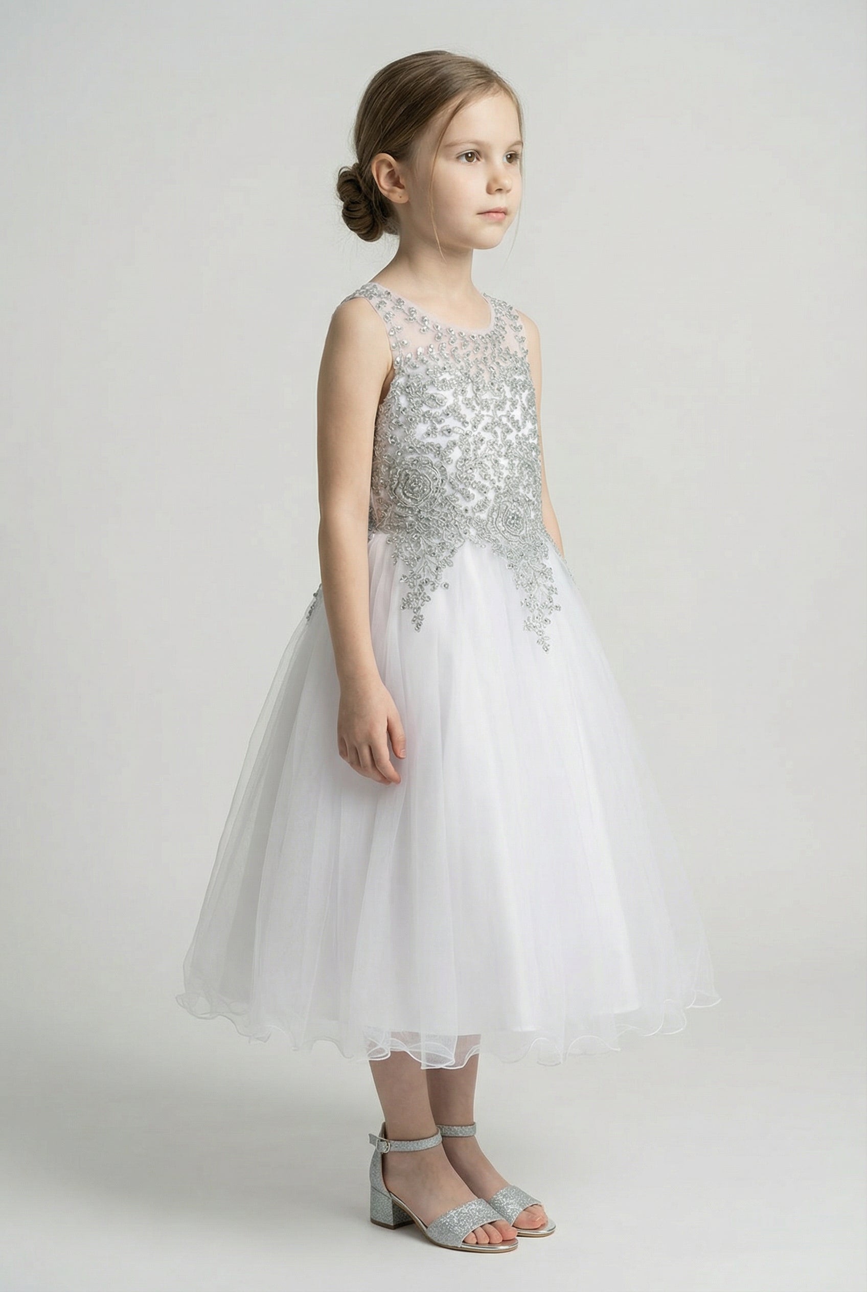 Girls Embroidered Tulle Dress with Illusion Neck - Linzi - White & Silver Model Side Picture