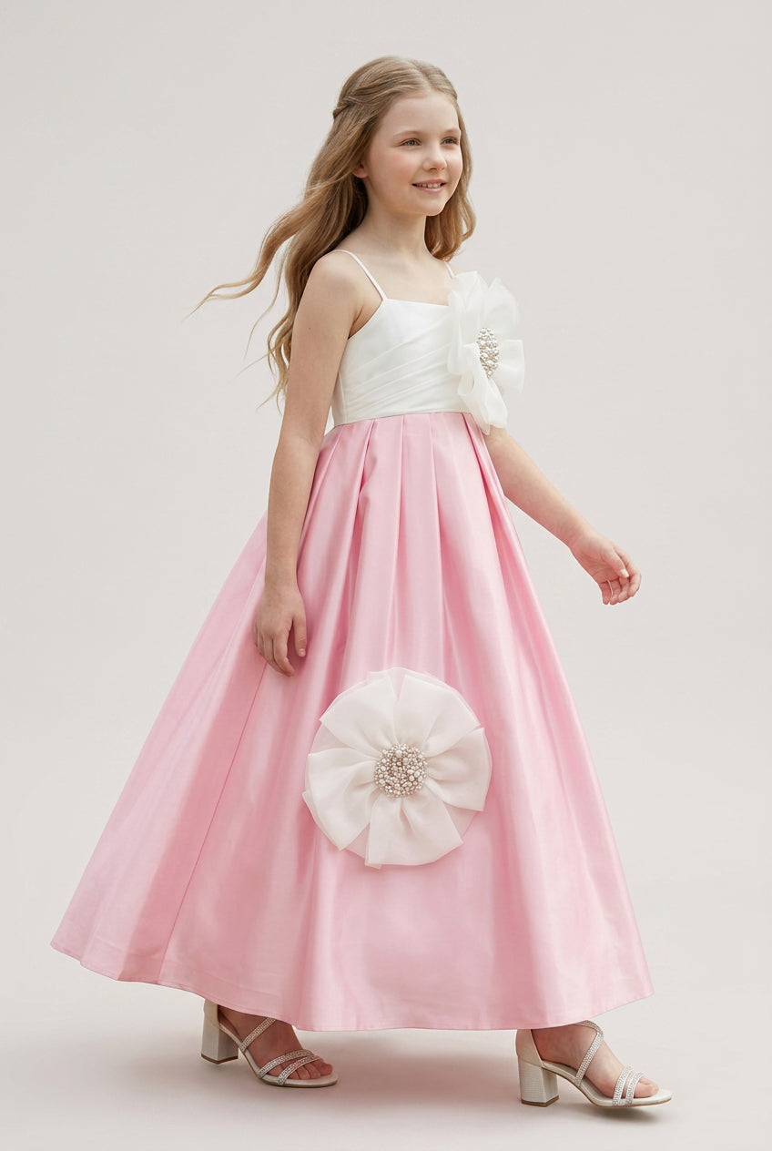 Girls Floral Appliqué Long Satin Occasion Dress - Pink