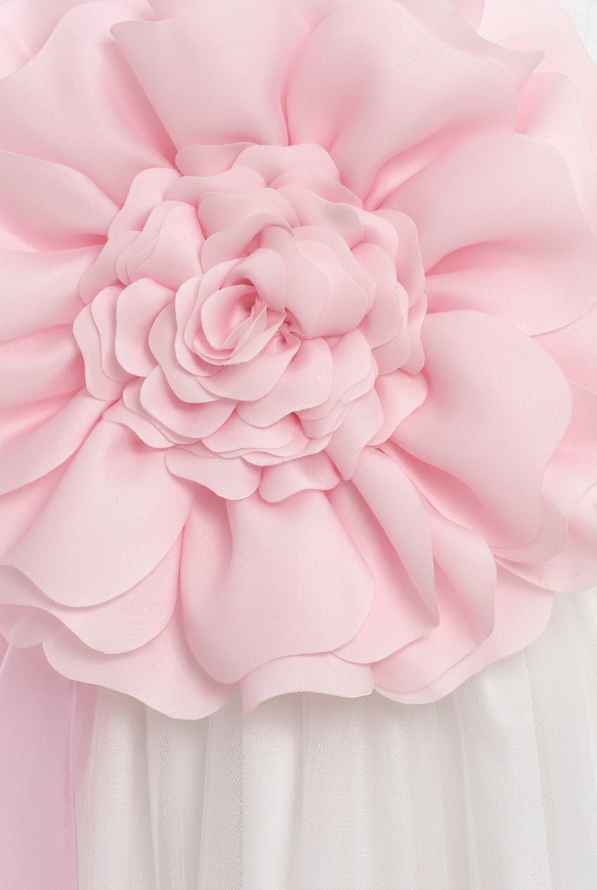 Girls Floral Tulle Maxi Dress with Organza Overlay - Ecru & Pink Detail Picture