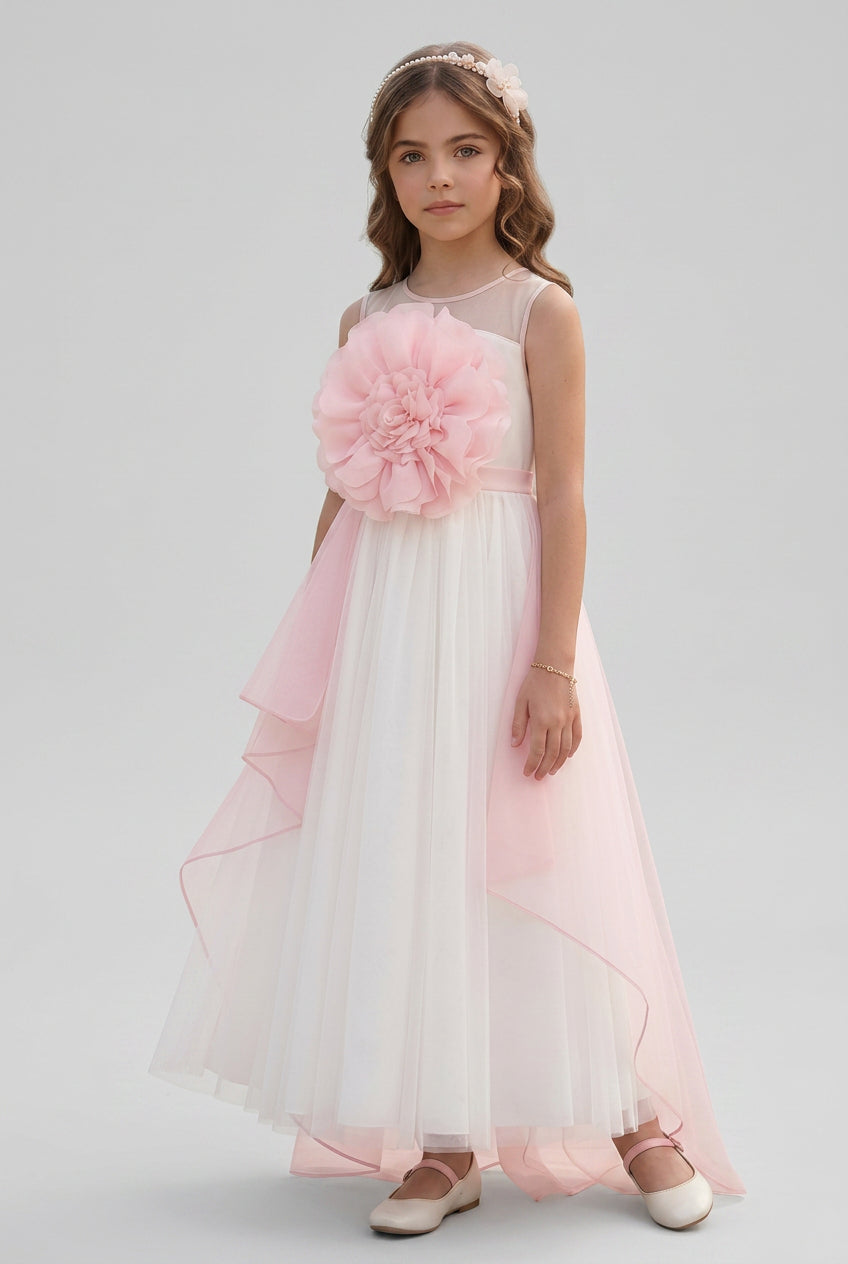 Girls Floral Tulle Maxi Dress with Organza Overlay - Ecru & Pink Model Picture