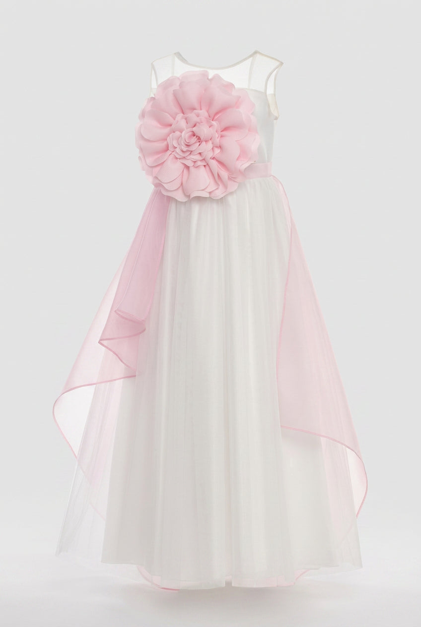 Girls Floral Tulle Maxi Dress with Organza Overlay - Ecru & Pink Front Picture