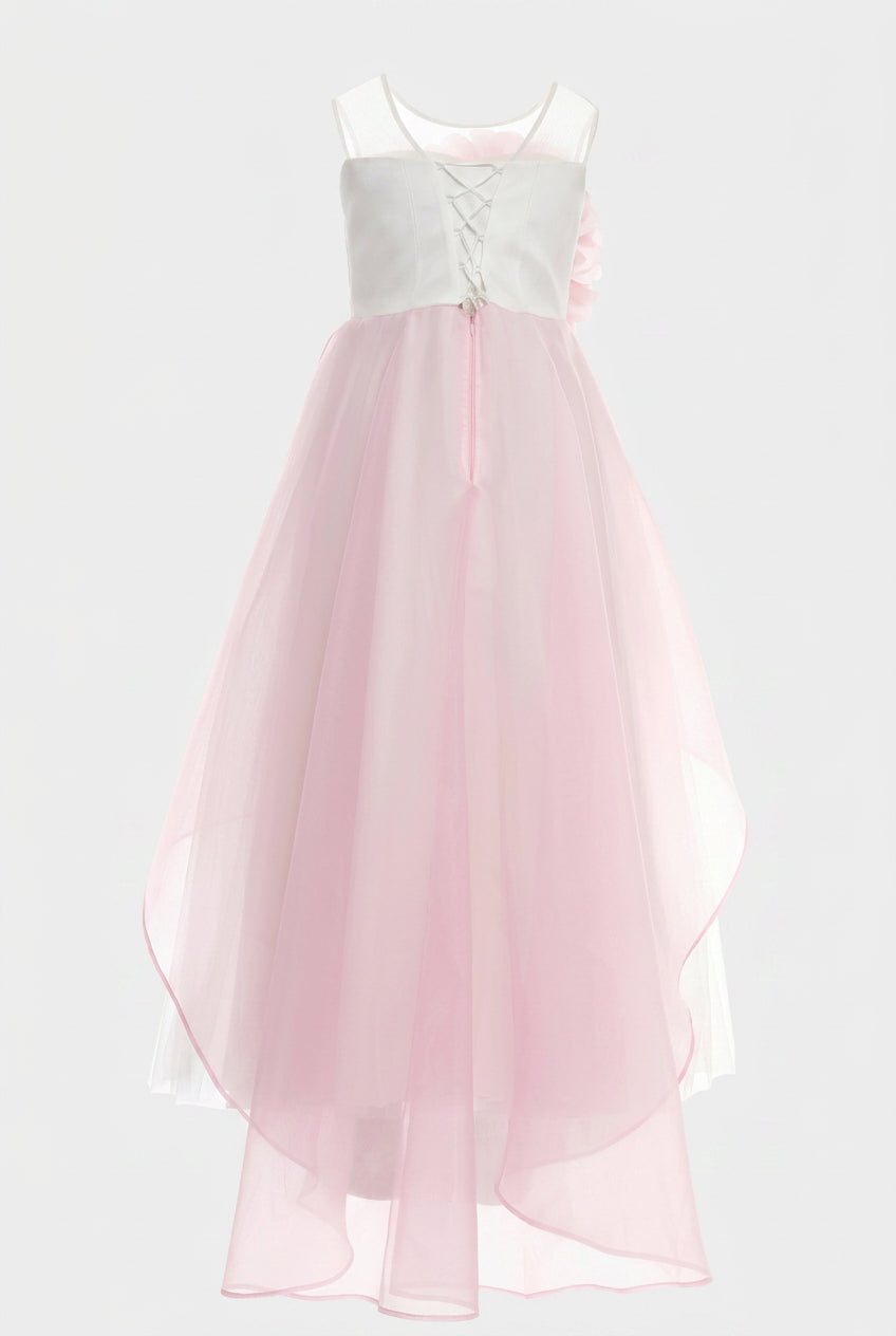 Girls Floral Tulle Maxi Dress with Organza Overlay - Ecru & Pink Back Picture