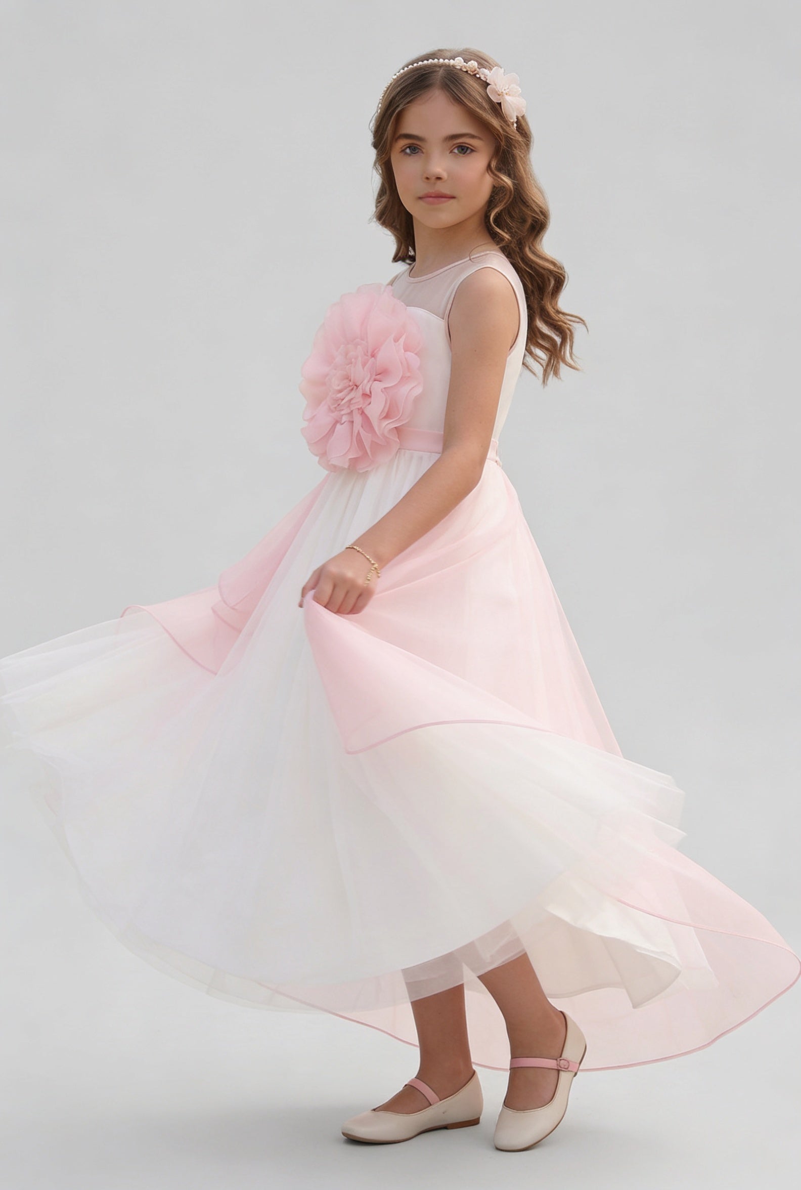 Girls Floral Tulle Maxi Dress with Organza Overlay - Ecru & Pink