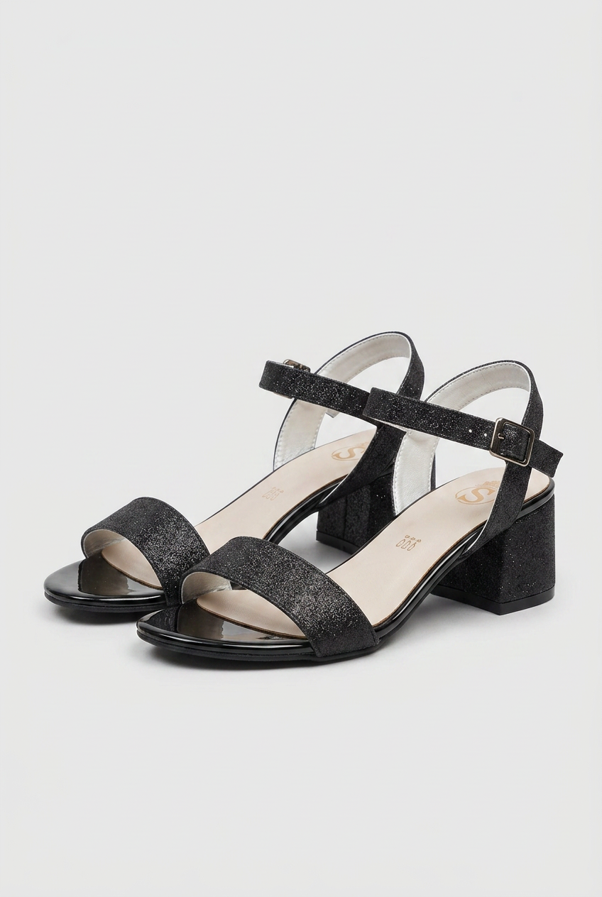Girls Glitter Block Heel Sandals - Black Pair Side Picture