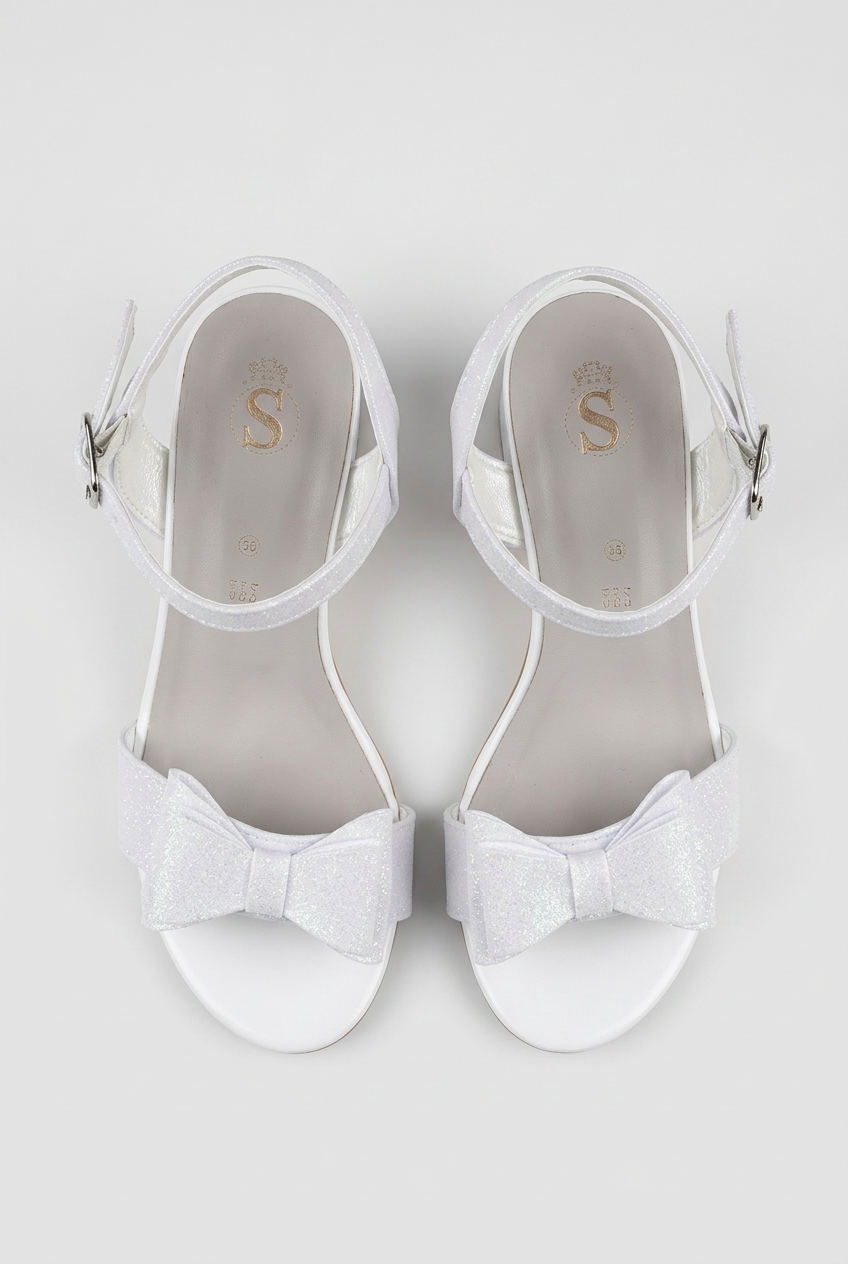 Girls Glitter Bow Block Heel Sandals - Pearl White Front Picture