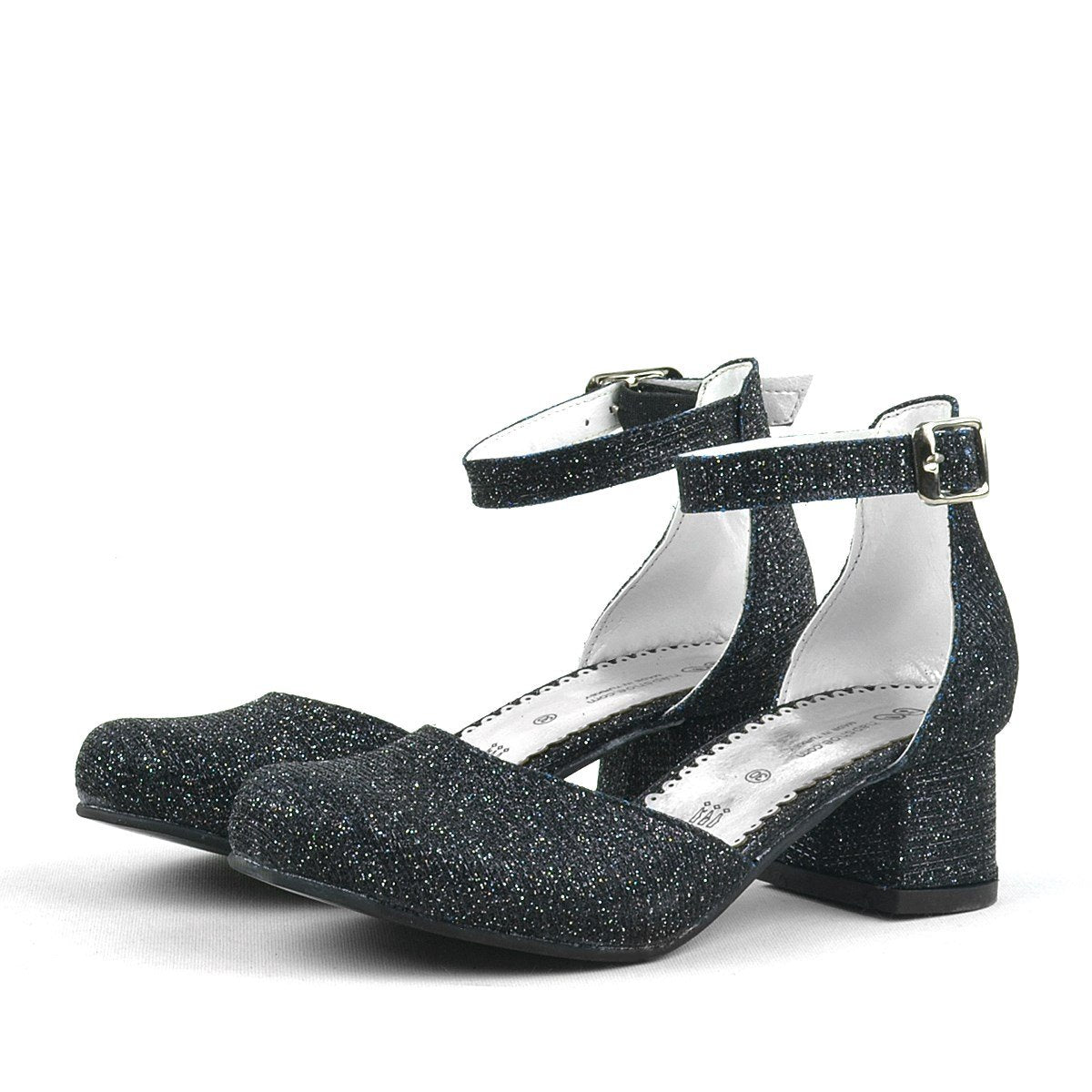 Girls Glittery Block Heel Mary Janes Shoes - Merida - Black