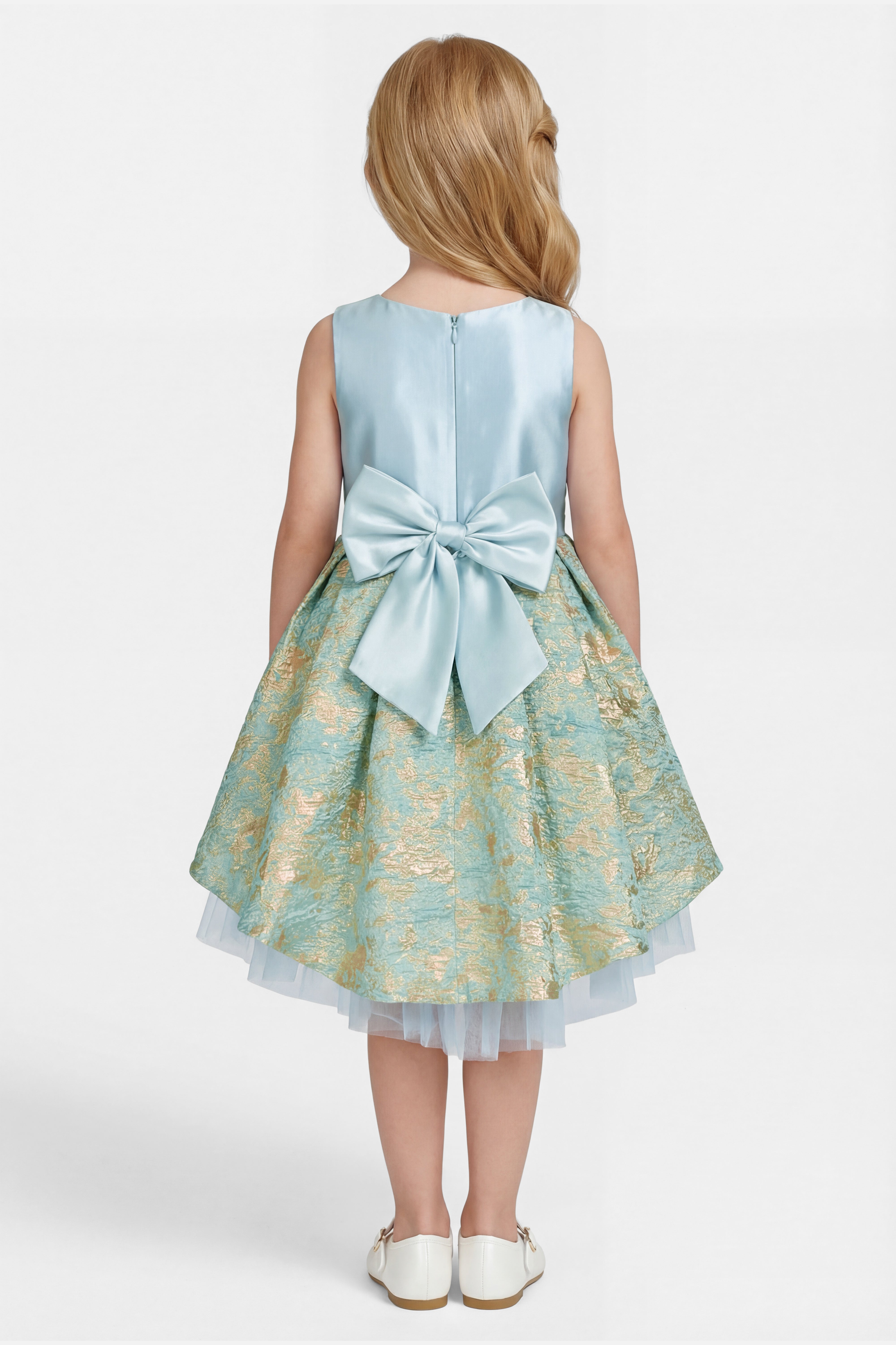 Girls Gold Accented Brocade Dress - Blue Back Picture