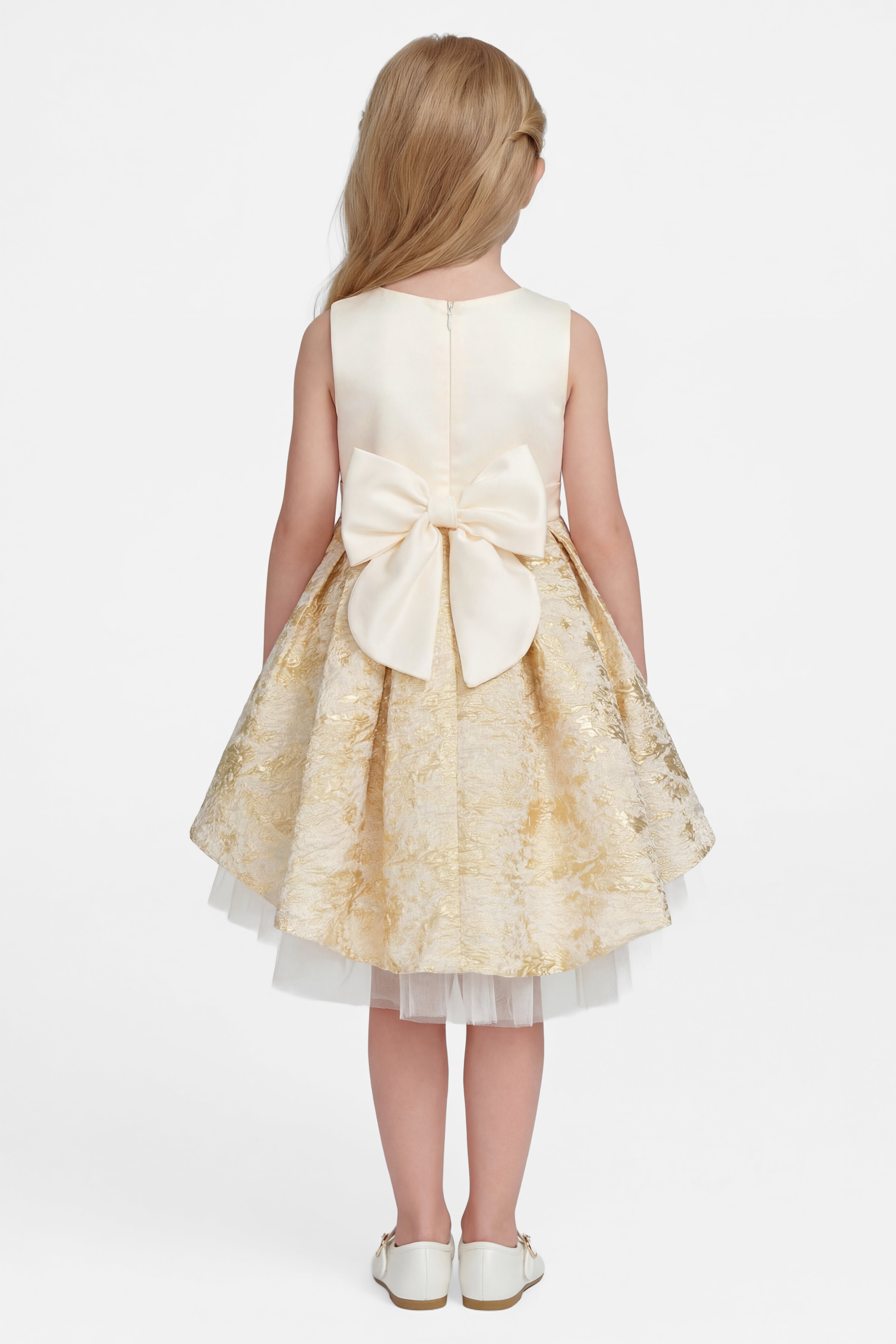Girls Gold Accented Brocade Dress - Ivory Back Picture