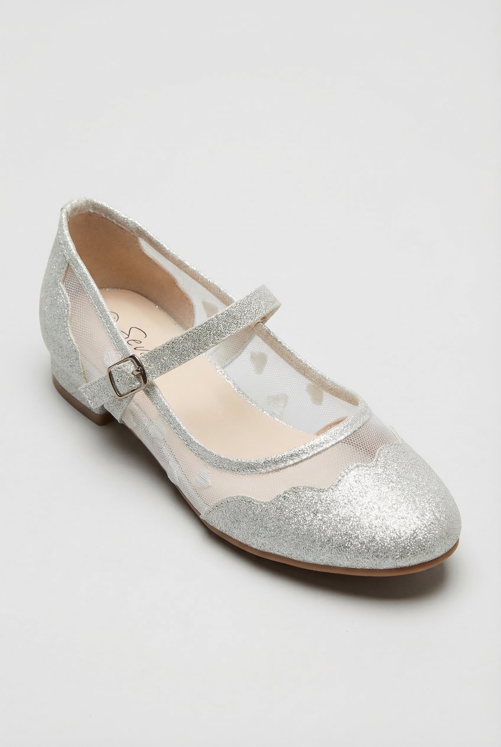 Girls Heart Mesh Mary Jane Flat Shoes - Julianna Off White Side Picture