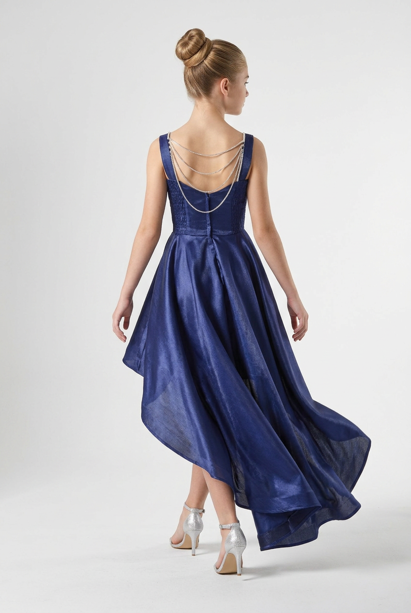 Girls High-Low Party Dress with Chain Back -Navy Model Back Picture
