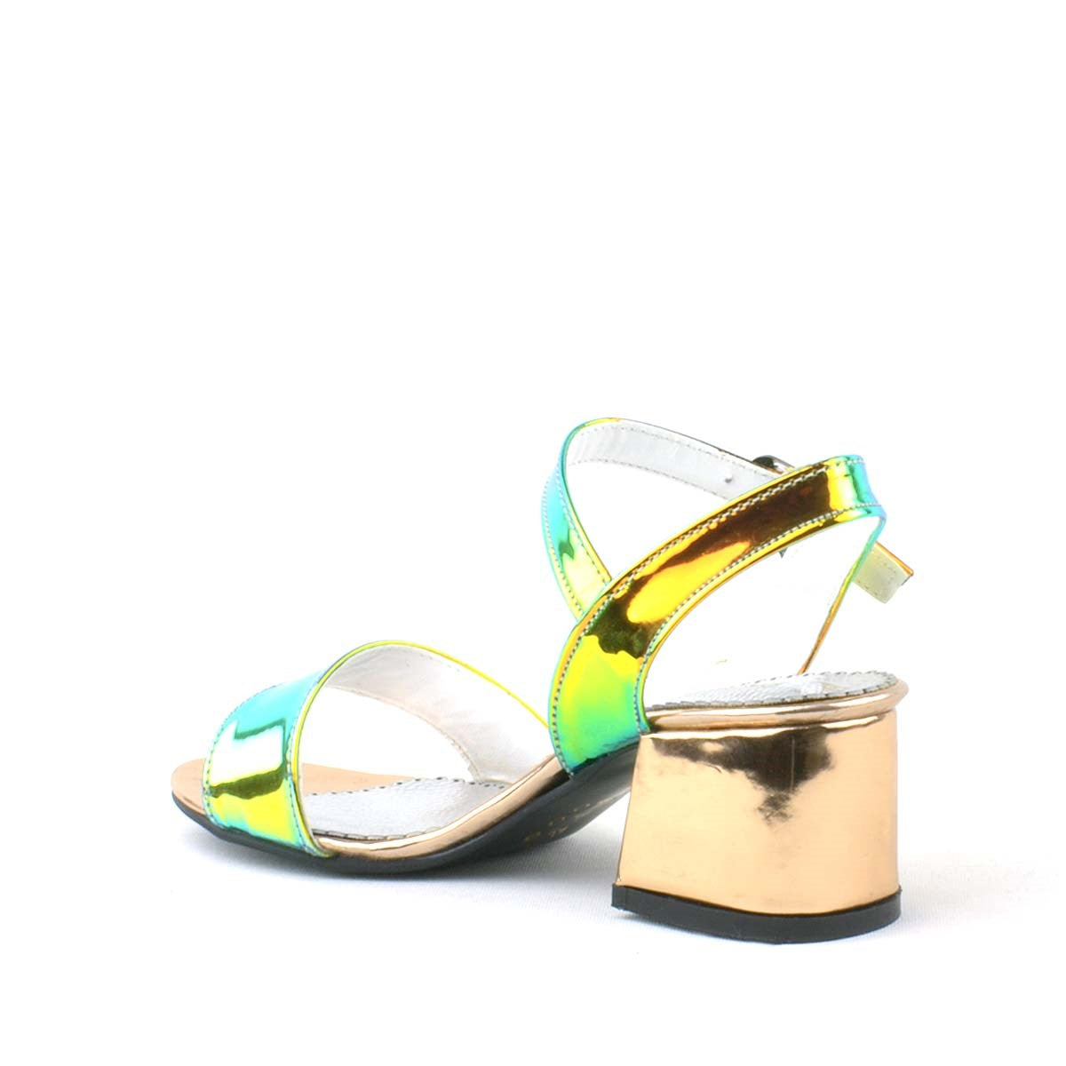 Sandales à talons blocs métalliques holographiques pour fille avec bride à la cheville - Poney - Or - Vert