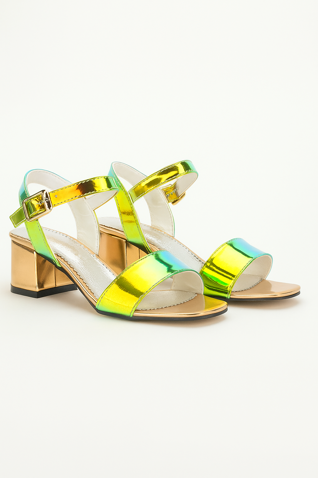 Sandales à talons blocs métalliques holographiques pour fille avec bride à la cheville - Poney - Or - Vert