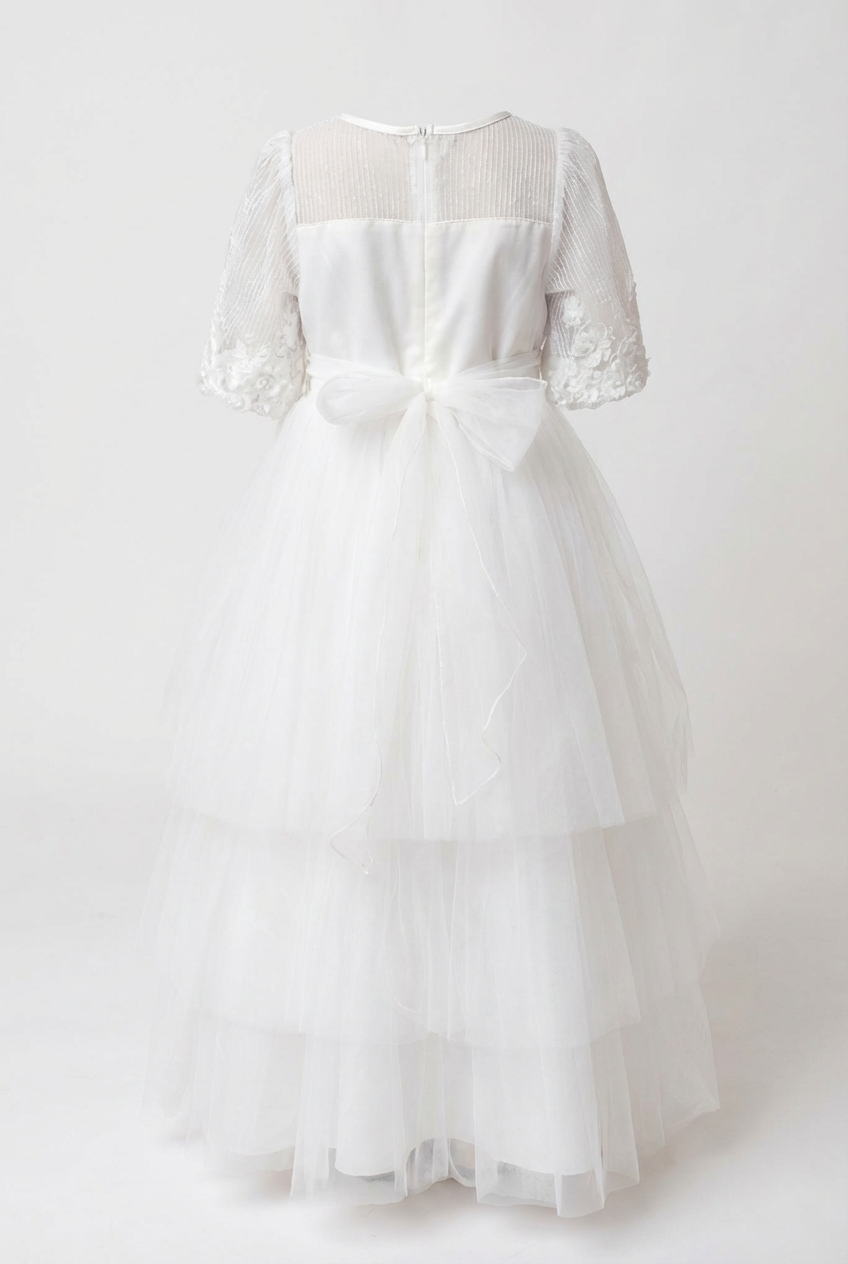 Girls Ivory Communion Dress with Sheer Sleeves & Tulle Skirt Back Picture