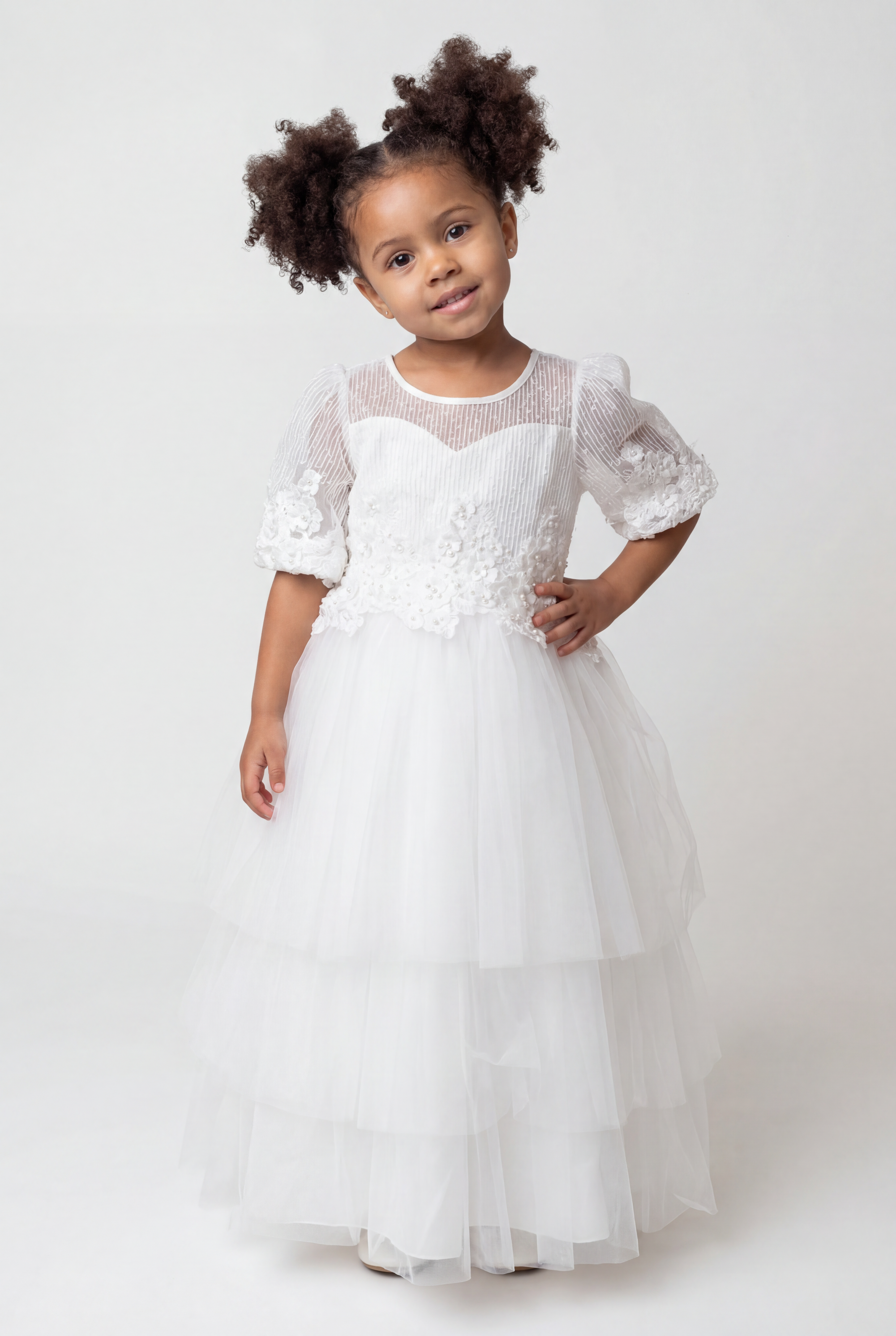 Girls Ivory Communion Dress with Sheer Sleeves & Tulle Skirt Model Picture