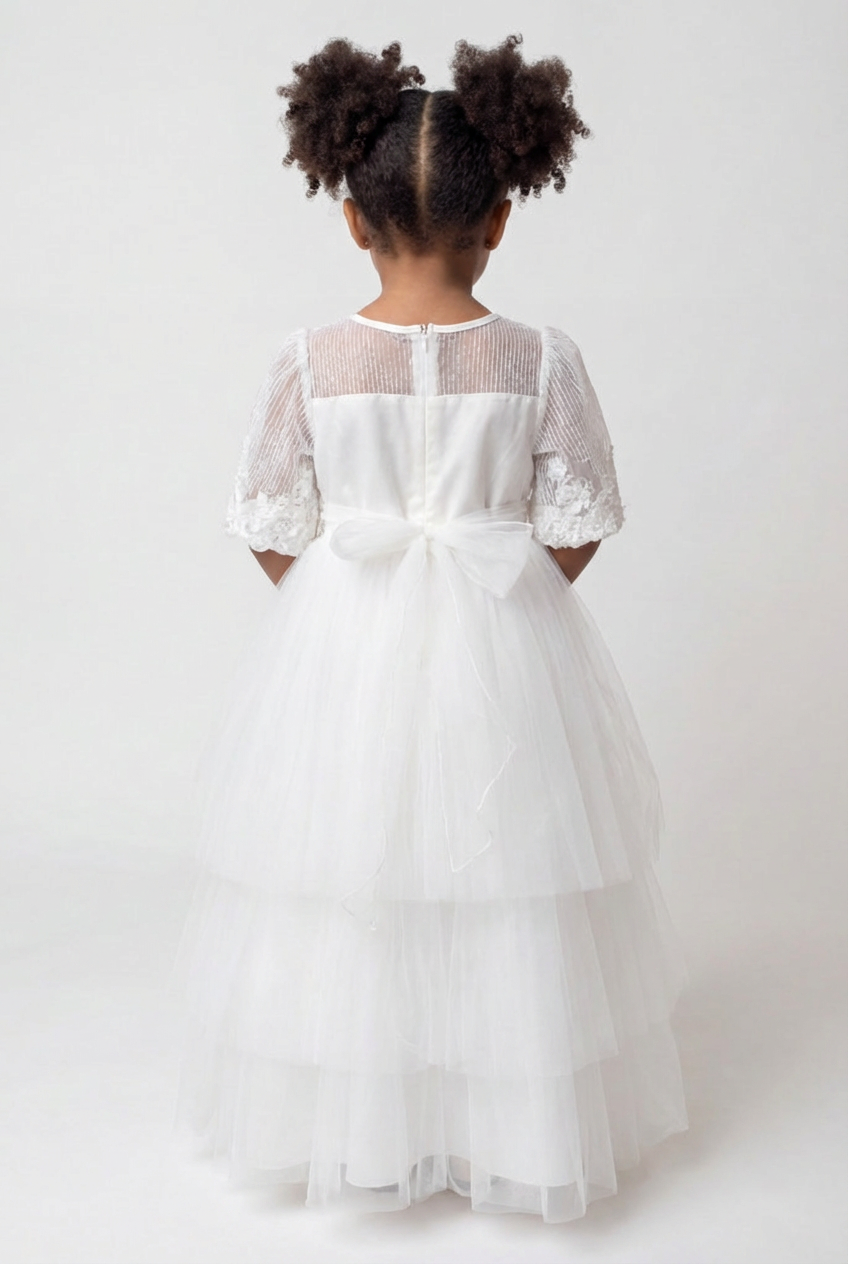 Girls Ivory Communion Dress with Sheer Sleeves & Tulle Skirt Model Back Picture