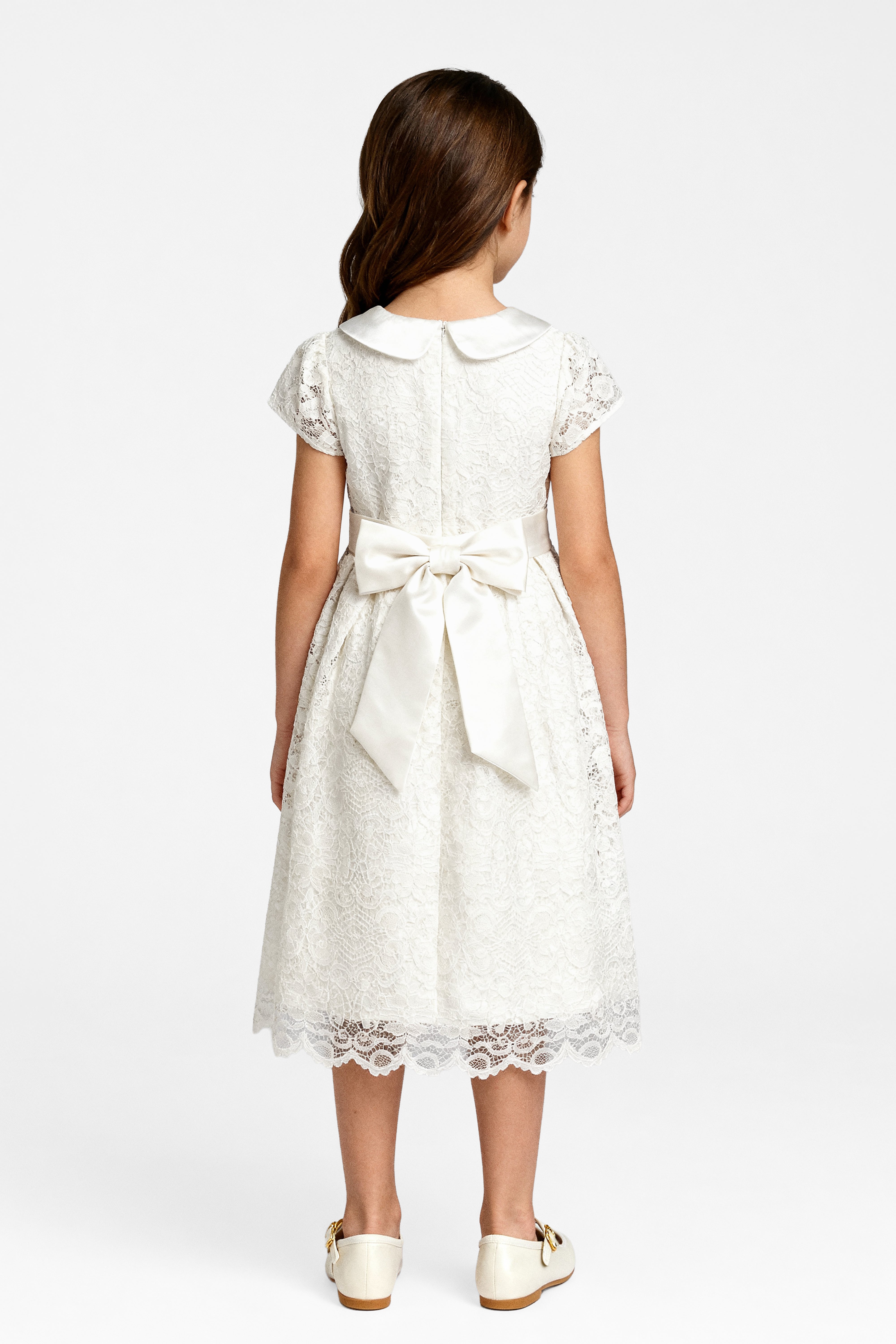 Girls Ivory Floral Lace Dress with Peter Pan Collar Back Picture